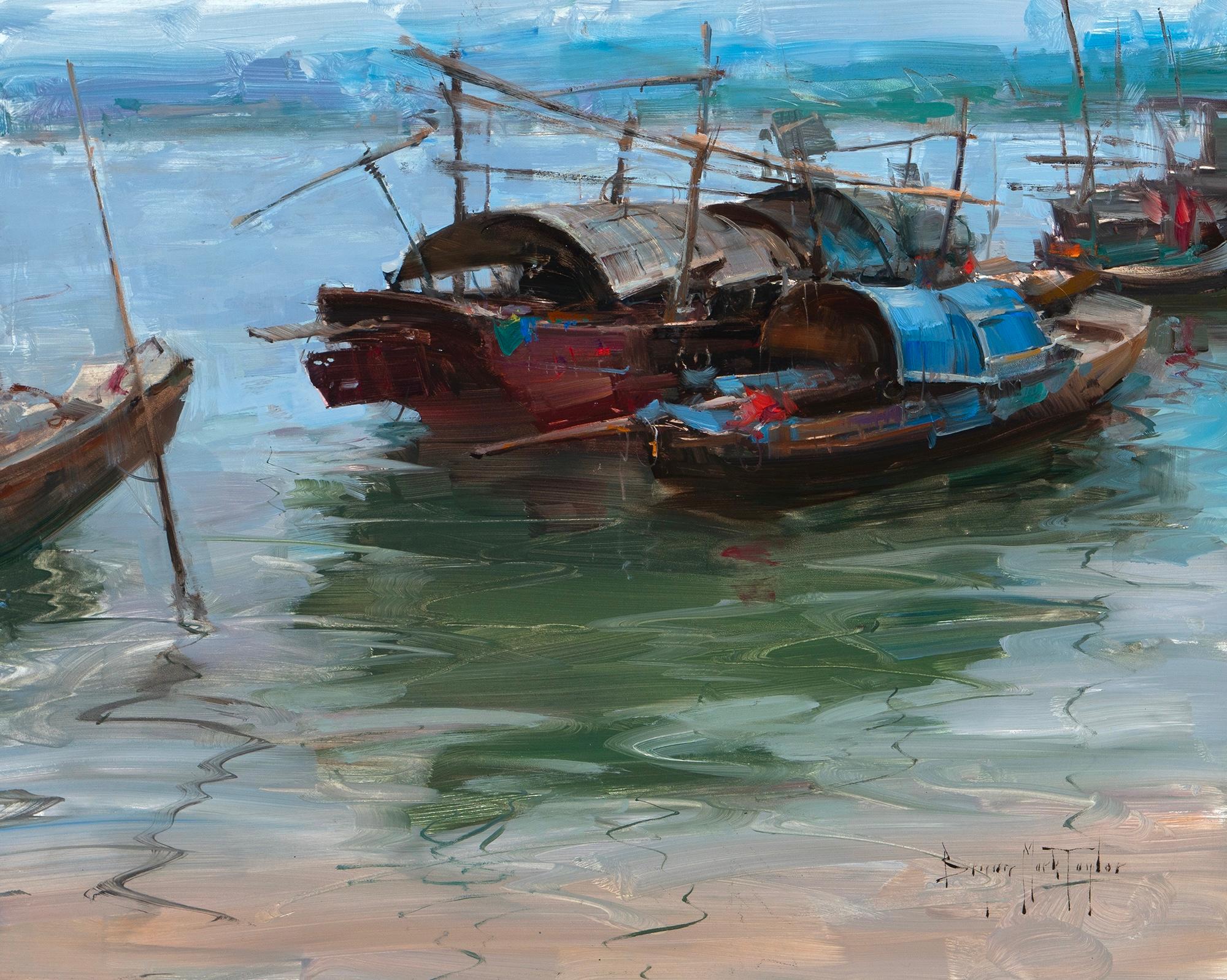 Landscape Painting de Bryan Mark Taylor - "Barcos de chatarra" Óleo impresionista moderno de China