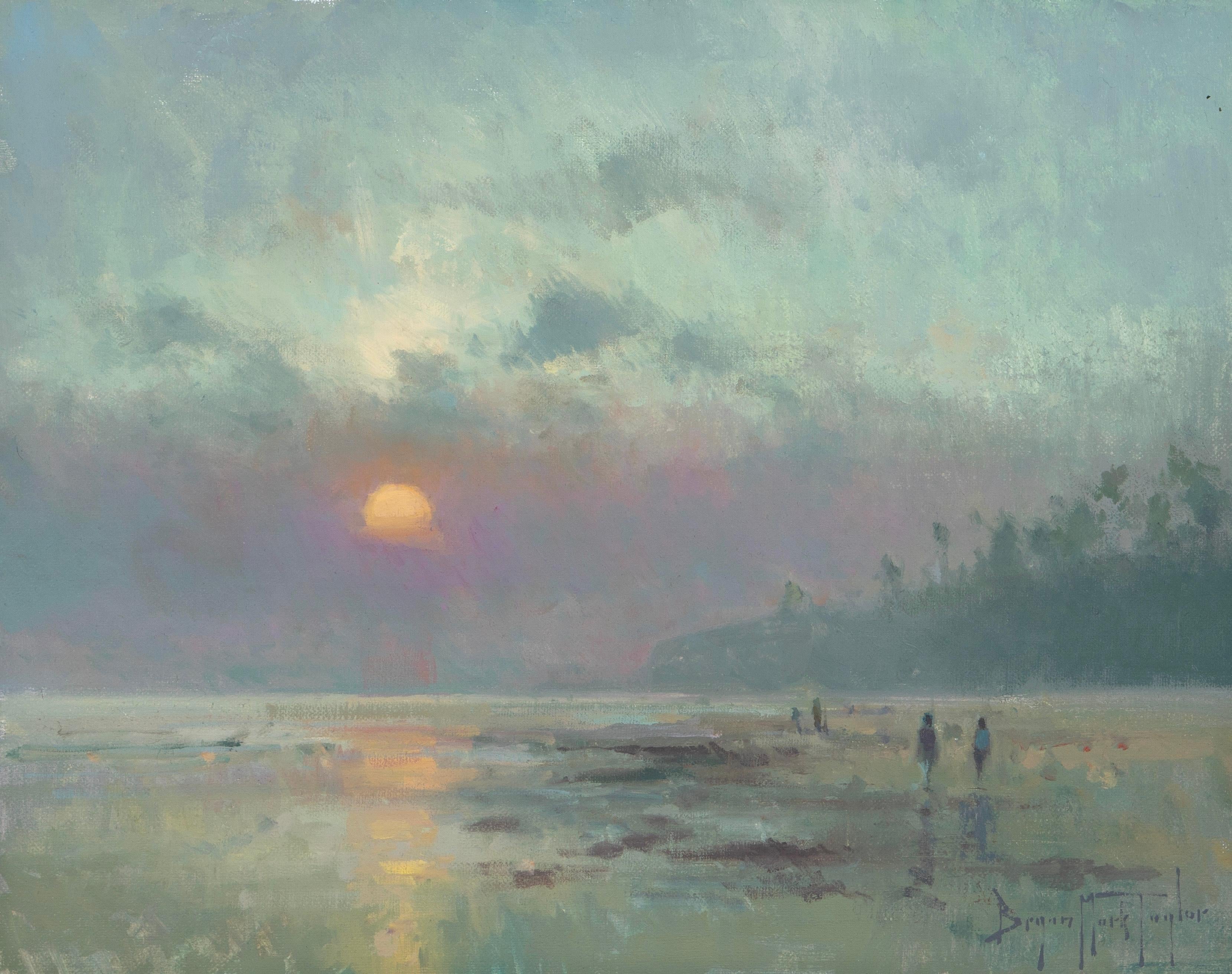 Landscape Painting di Bryan Mark Taylor - "Main Beach Sunset II" Paesaggio marino moderno e impressionista della California meridionale