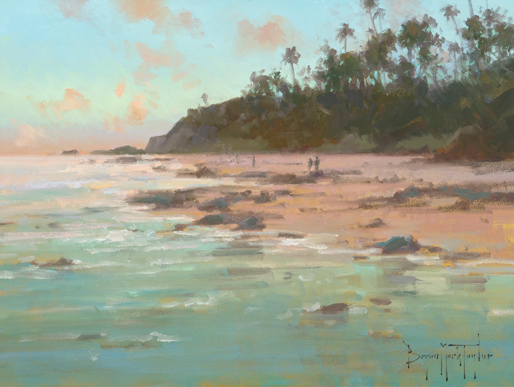 Landscape Painting di Bryan Mark Taylor - "Main Beach Sunset" Paesaggio marino moderno e impressionista della California meridionale