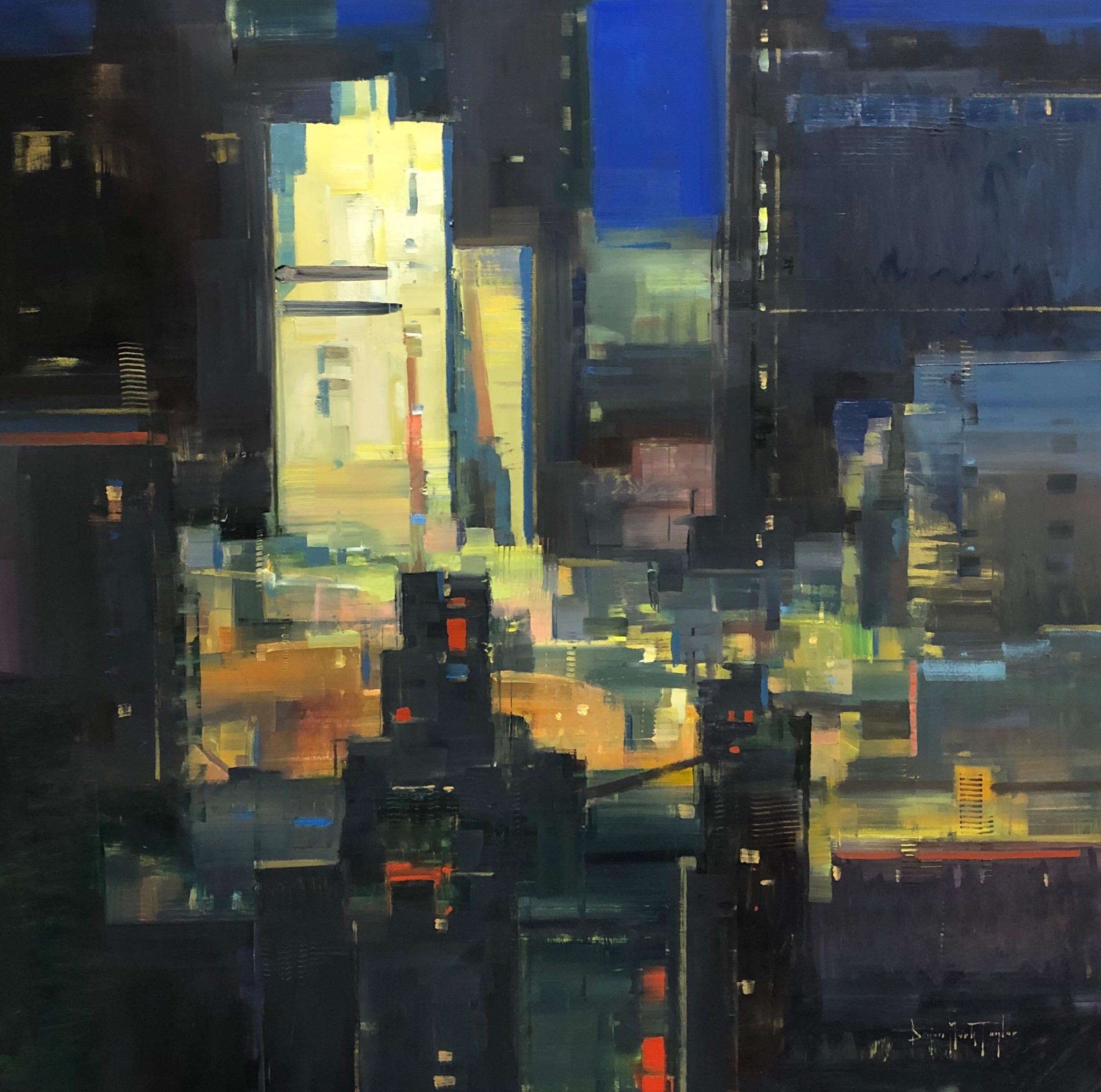 Modern Abstract Impressionist Cityscape "Metropolis"  Oil on Panel Night Scene