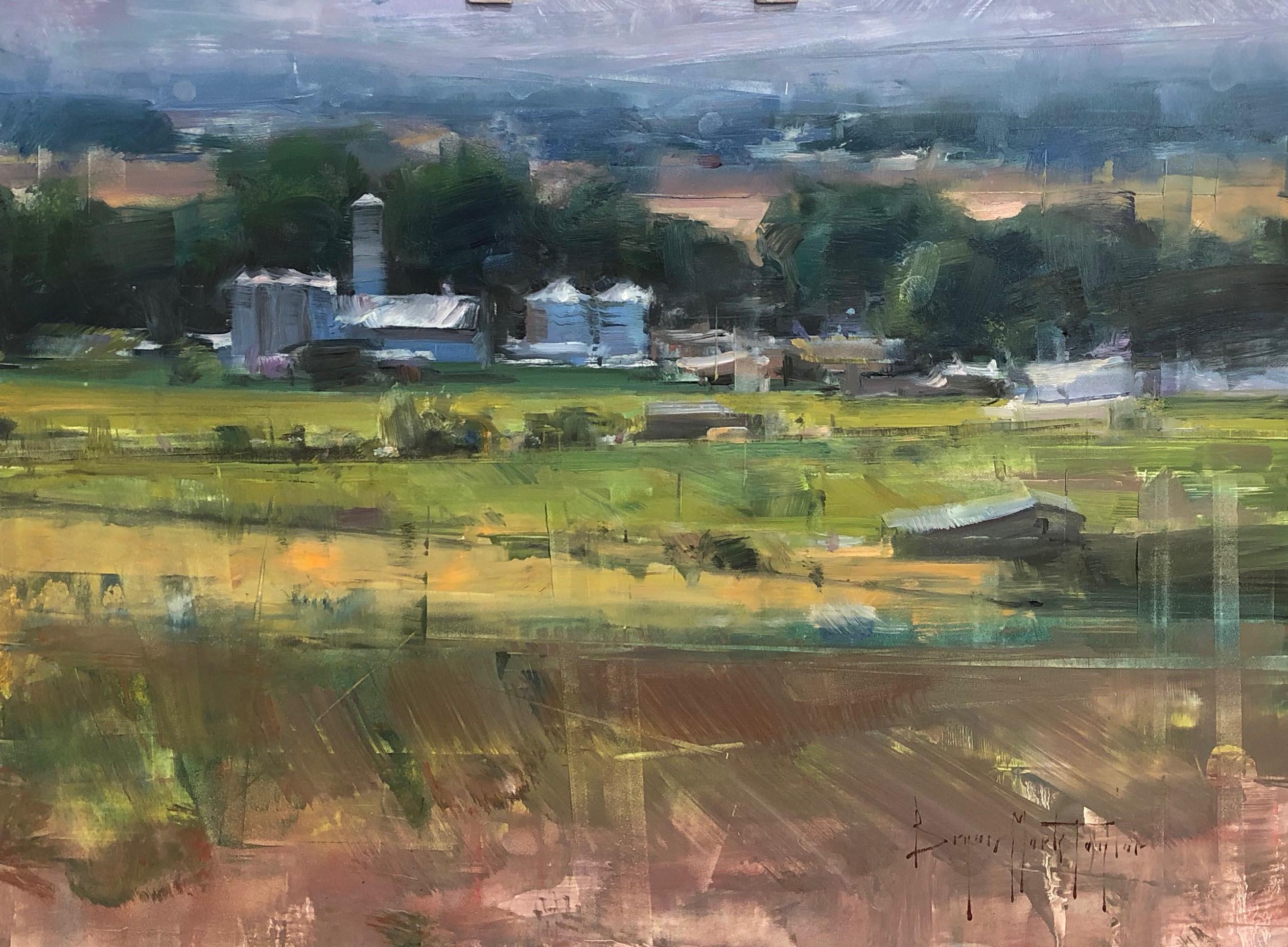 Landscape Painting Bryan Mark Taylor - Peinture à l'huile moderne impressionniste américaine de paysage en plein air « Green Farmland » (land de ferme vert).