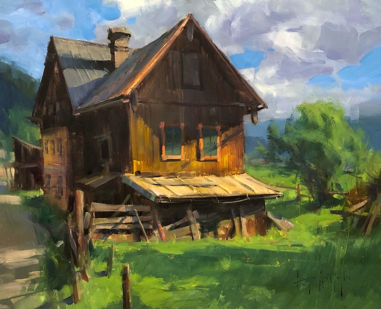 Bryan Mark Taylor Landscape Painting - Modern Impressionist Austrian Plein air Landscape oil "Saltzkammergut Farm"