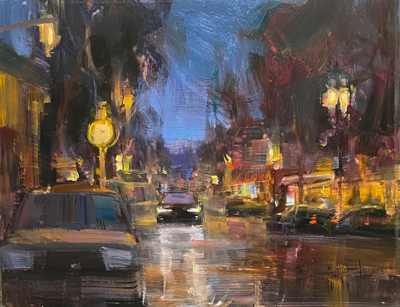 Bryan Mark Taylor Landscape Painting - Modern Impressionist California Night Scene "Forest Street Night" 