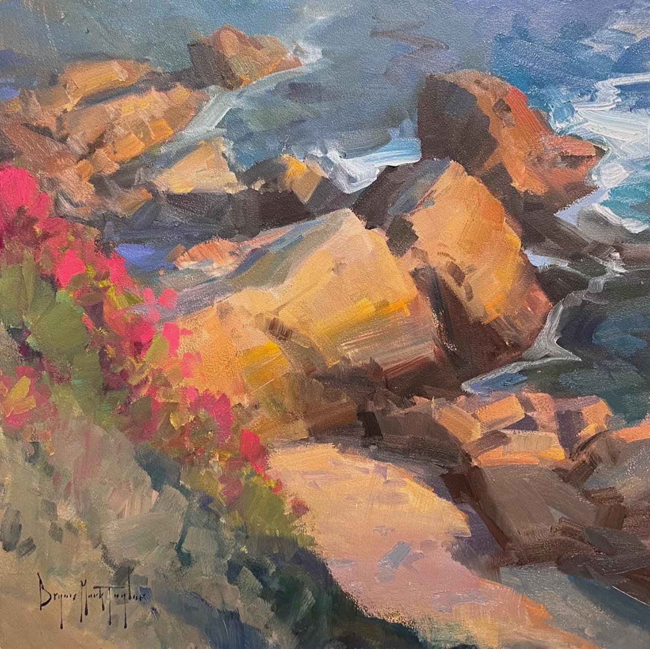 Bryan Mark Taylor Landscape Painting - Modern Impressionist California Seascape "Flowers Above The Rocks, Laguna"" 
