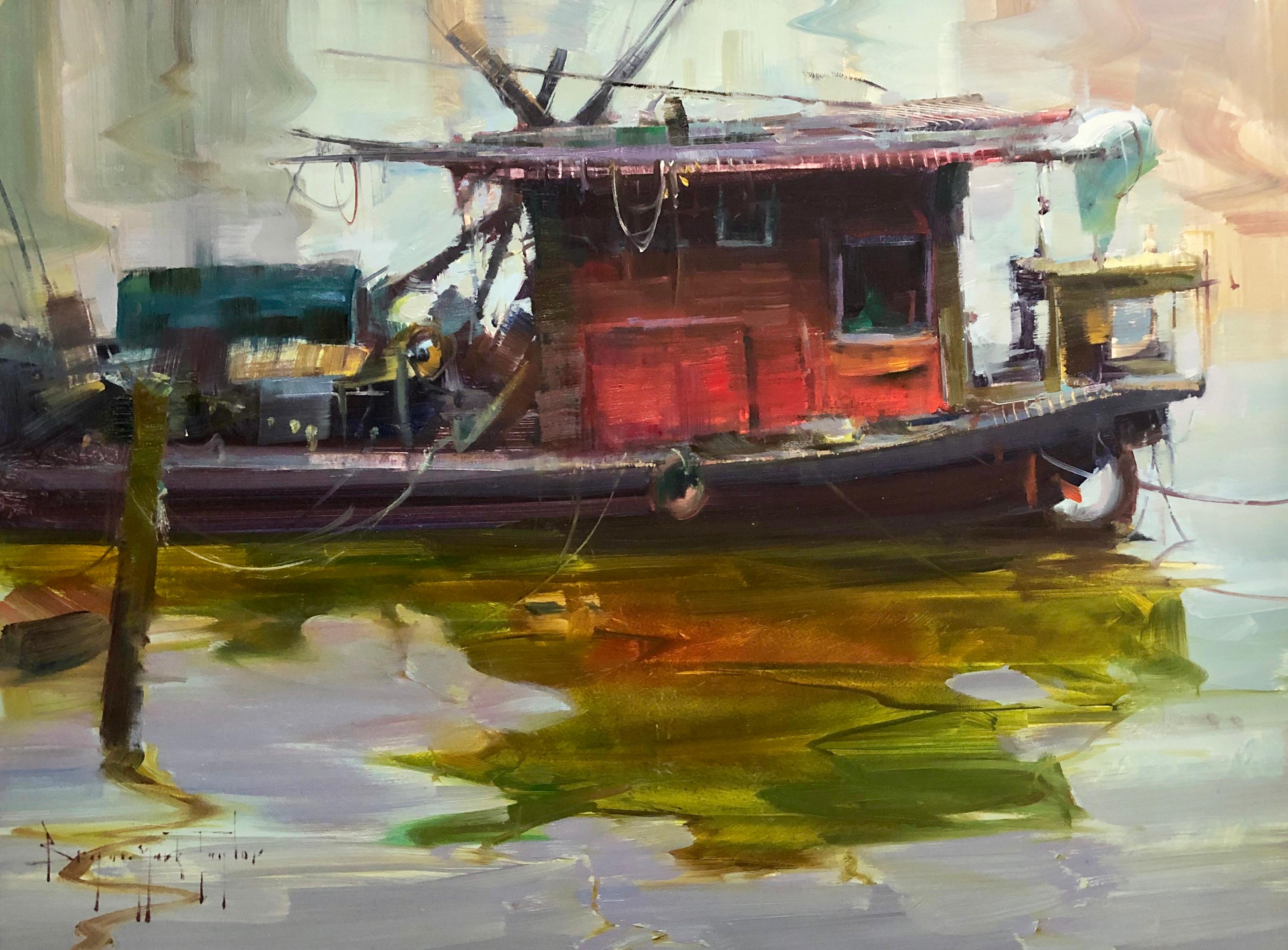 Bryan Mark Taylor Landscape Painting - Modern Impressionist China River Scene "Red Boat" Plein Air Oil 