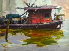 Peinture à l'huile en plein air « Red Boat », scène de rivière chinoise impressionniste moderne