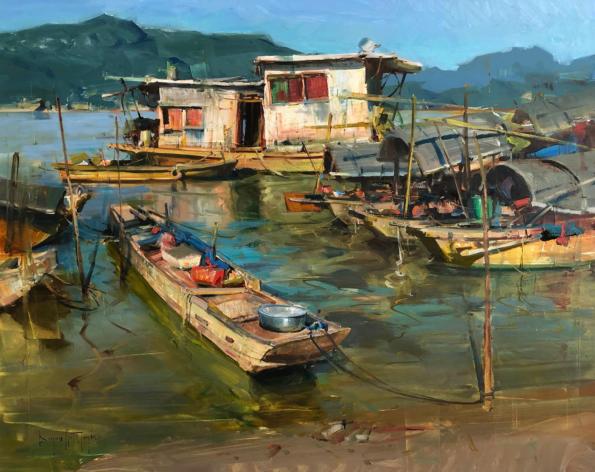 Bryan Mark Taylor Landscape Painting - Modern Impressionist China River Scene "River Boat Village" Plein Air Oil 