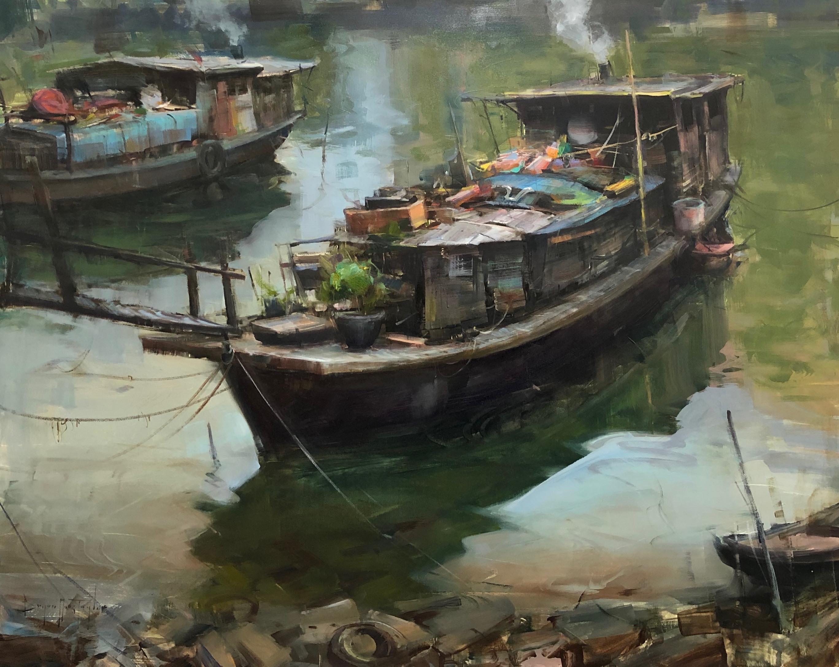 Bryan Mark Taylor Landscape Painting - Modern Impressionist China River Scene "Treasure Boat" Plein Air Oil 