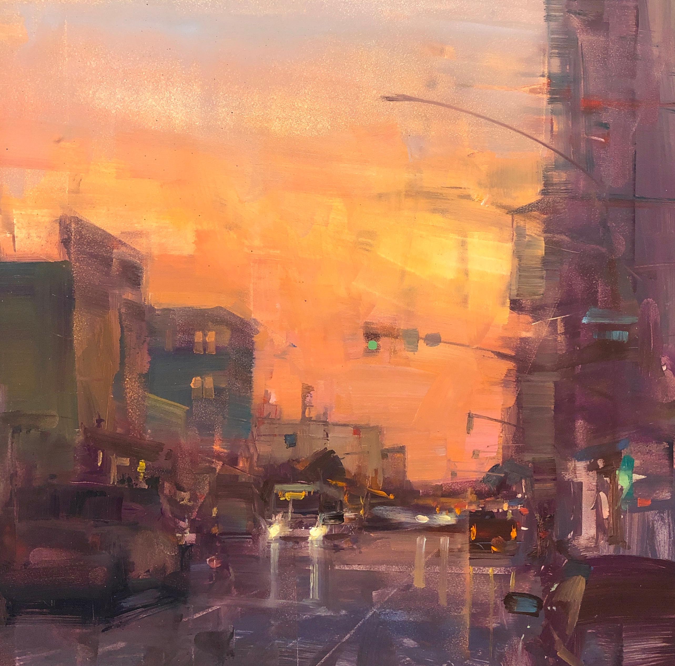 Bryan Mark Taylor Landscape Painting - Modern Impressionist Cityscape "Downtown San Diego Sunset" Plein Air Oil