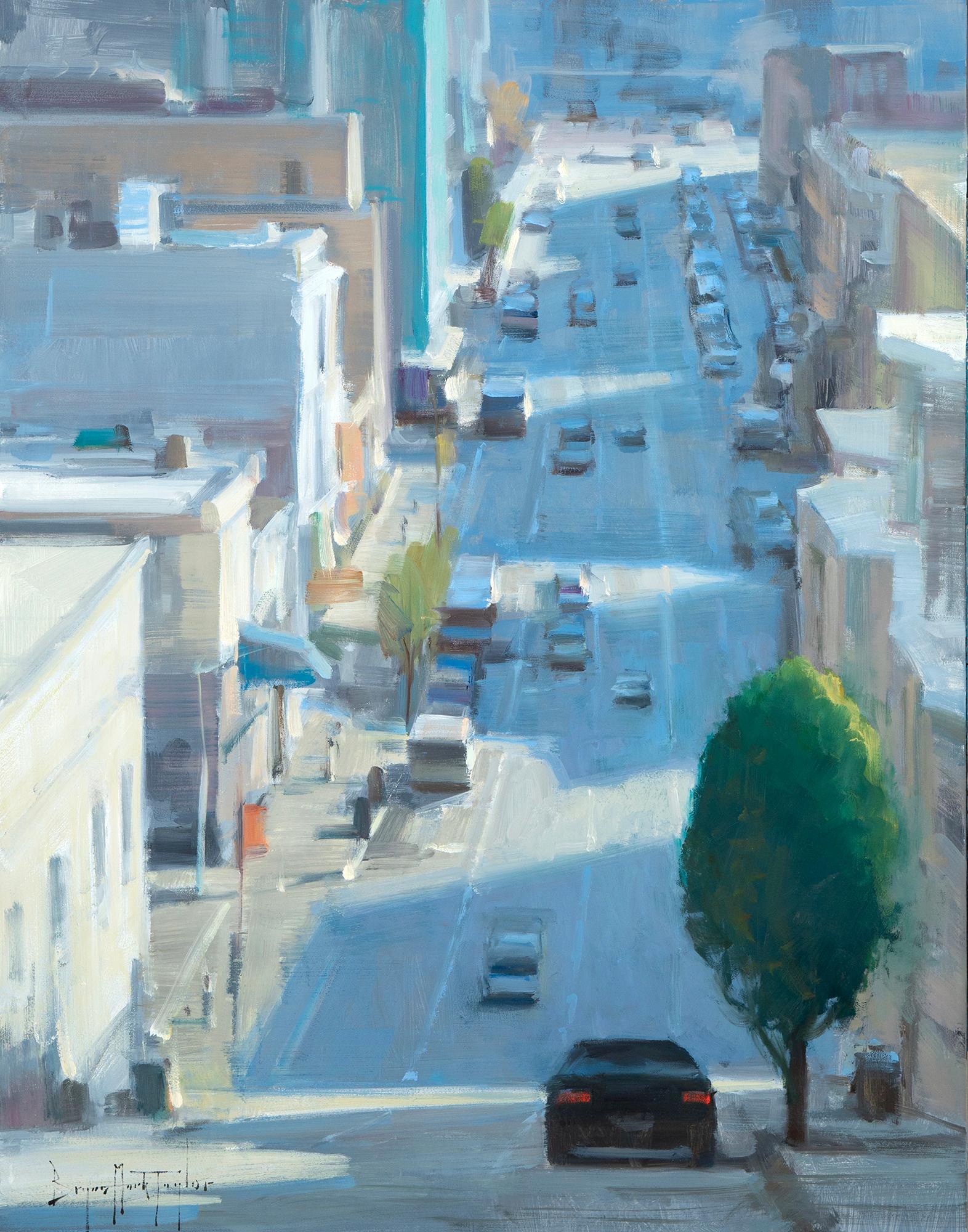Landscape Painting de Bryan Mark Taylor - Paisaje urbano impresionista moderno "Desde las alturas"  Aceite de San Francisco