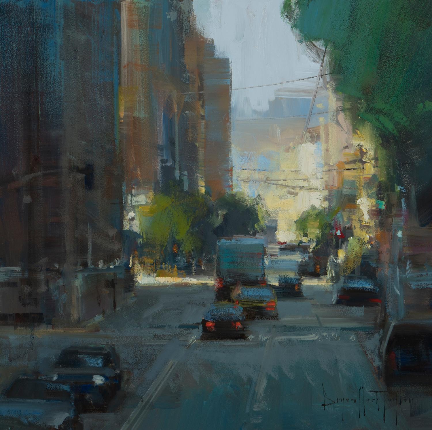 Bryan Mark Taylor Landscape Painting - Modern Impressionist Cityscape "Market Street Light" Plein Air Oil San Francisco
