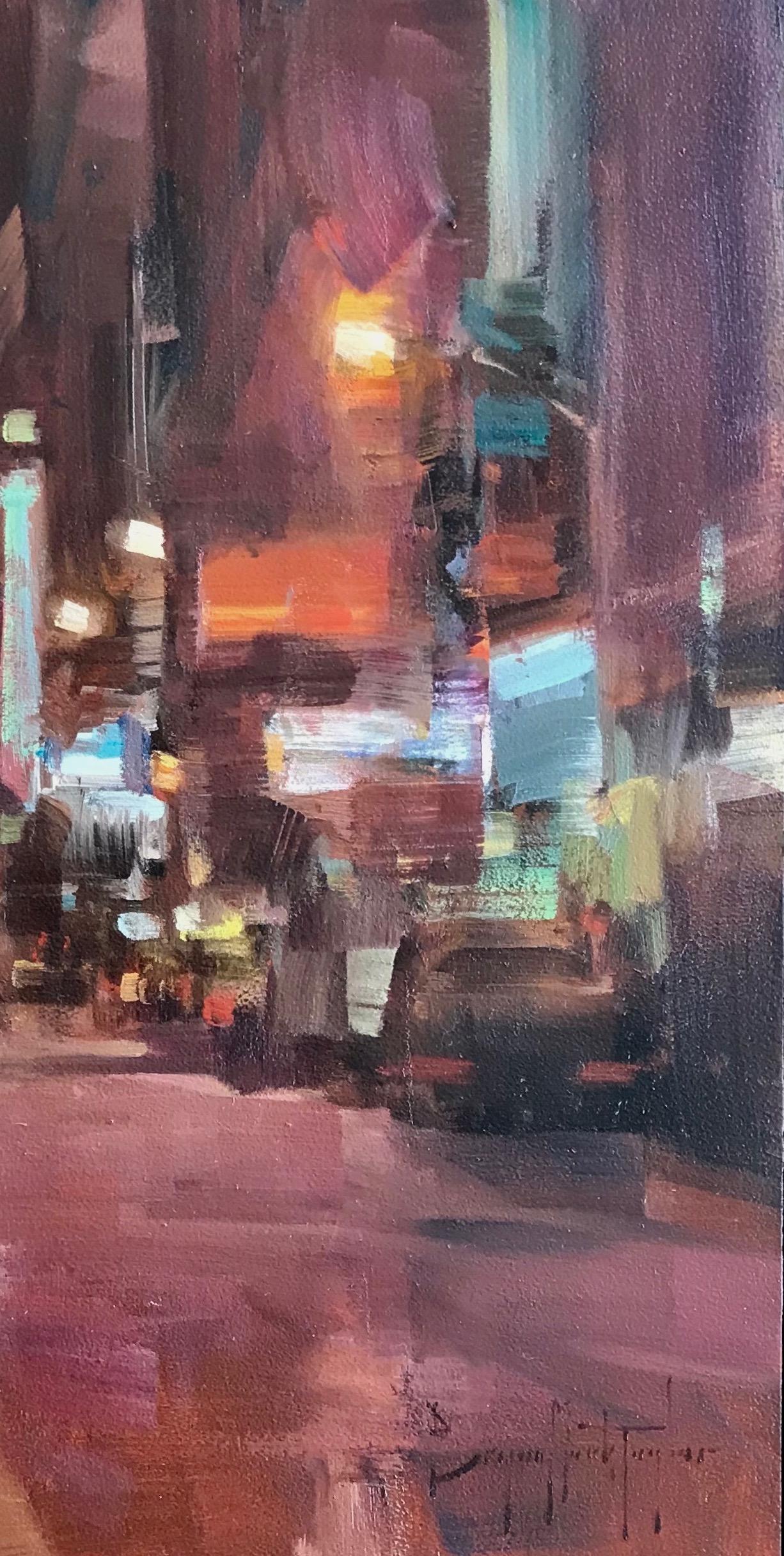 Paysage urbain impressionniste moderne « Huit Lumières »  L'huile d'air pur  - Impressionnisme abstrait Painting par Bryan Mark Taylor
