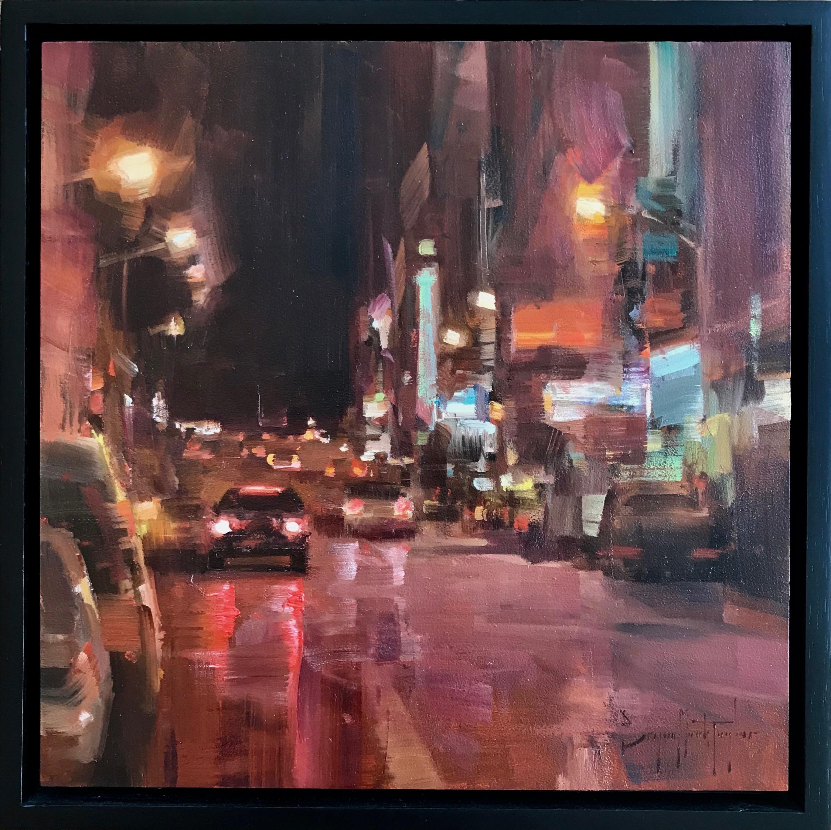 Bryan Mark Taylor Landscape Painting - Modern Impressionist Cityscape "Night Lights"  Plein Air Oil 
