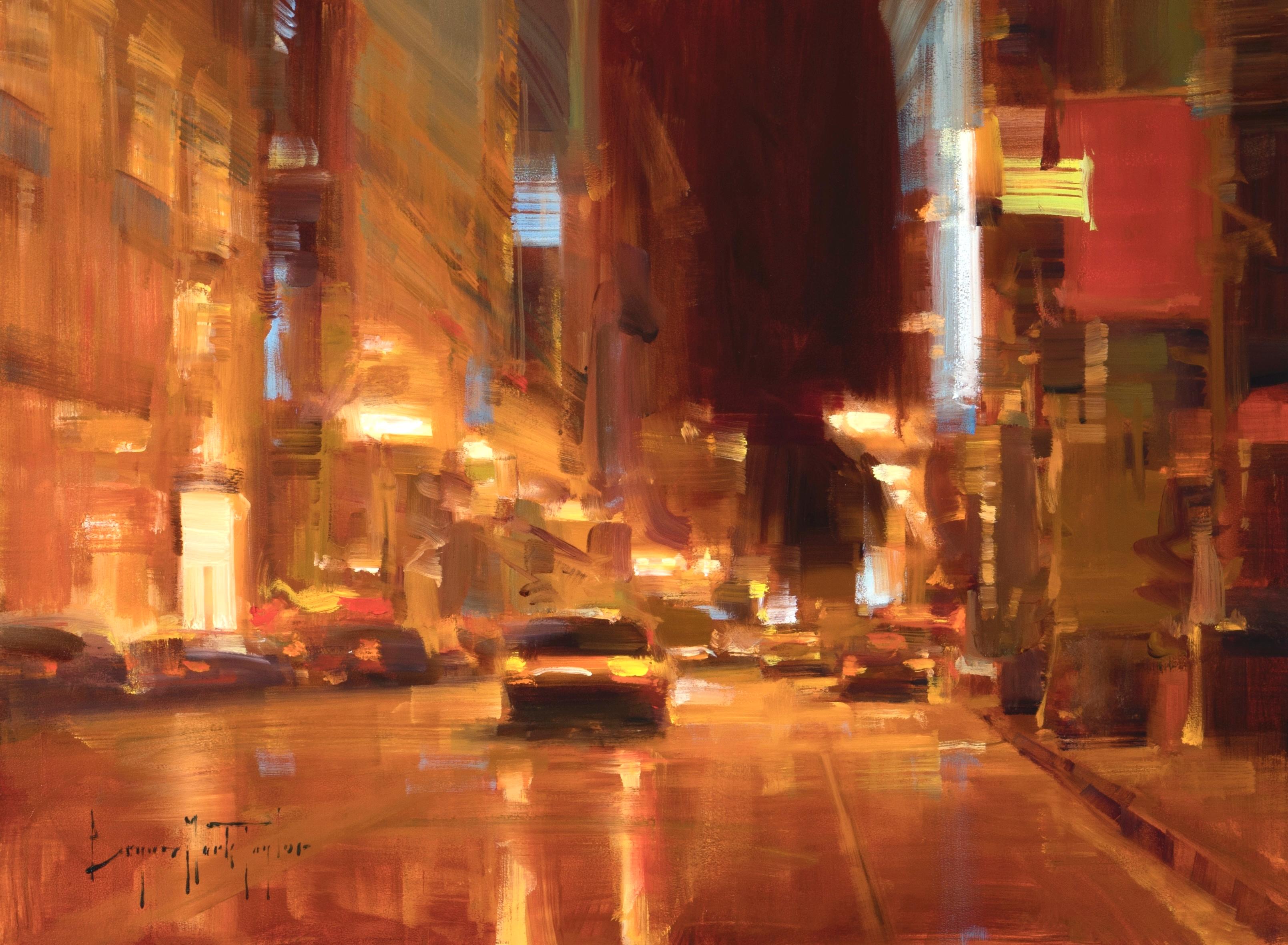 Landscape Painting di Bryan Mark Taylor - Paesaggio urbano moderno e impressionista "Pioggia notturna  Olio San Francisco