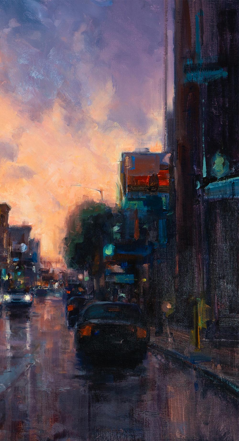 Paysage urbain impressionniste moderne « Night's Beginning »  L'huile de San Francisco - Impressionnisme abstrait Painting par Bryan Mark Taylor