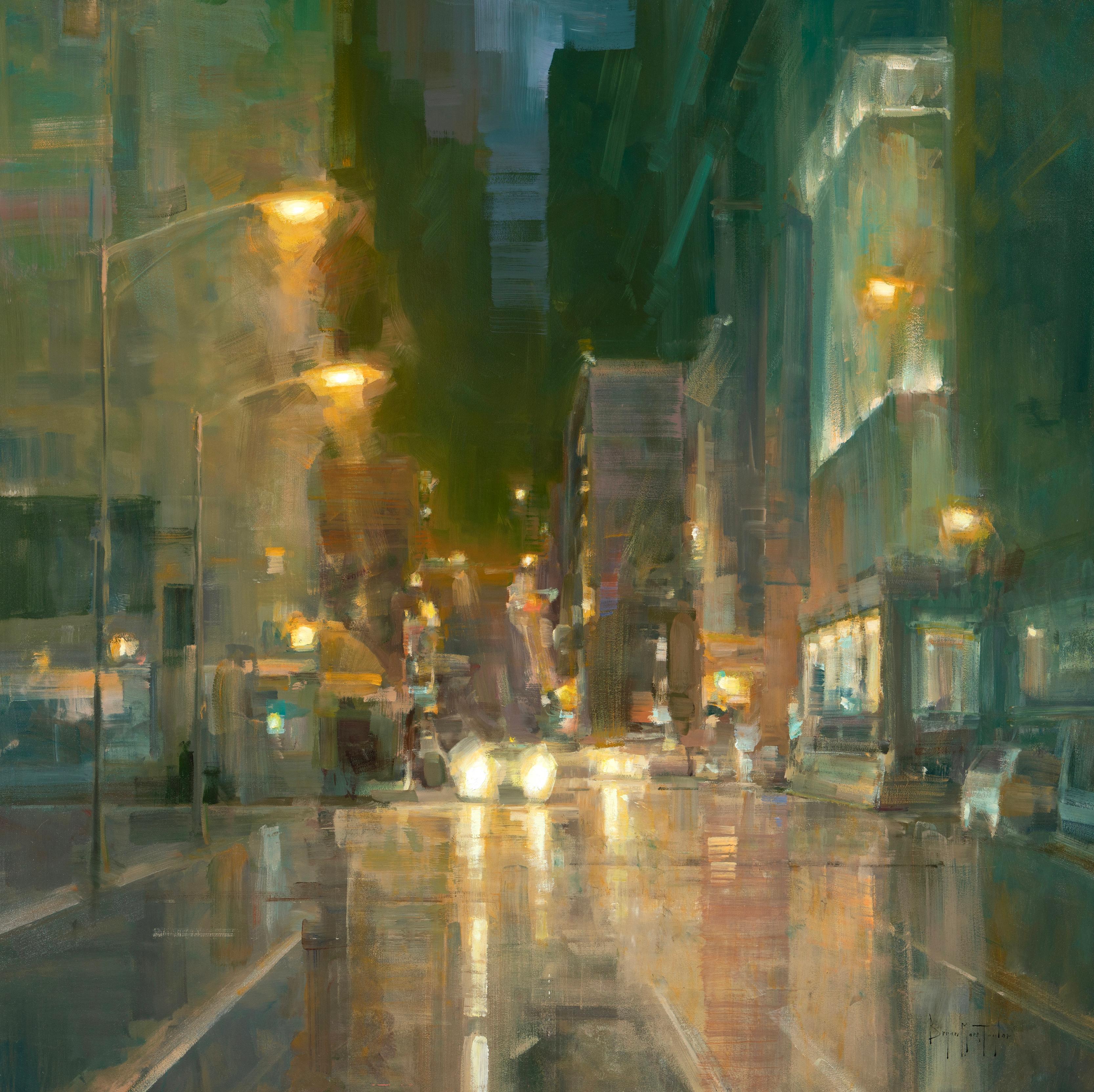 Landscape Painting Bryan Mark Taylor - Modern Modernityscape "Powell Street Lights" (paysage urbain impressionniste)  Huile de San Francisco