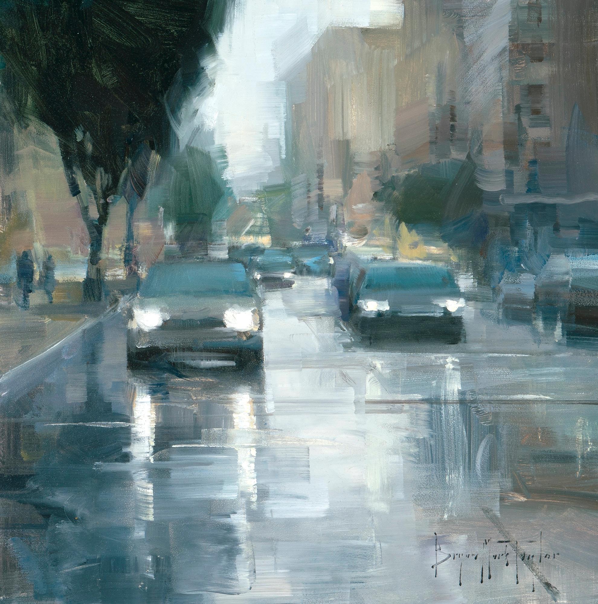 Landscape Painting di Bryan Mark Taylor - Paesaggio urbano impressionista moderno "San Francisco". Pioggia"  Olio