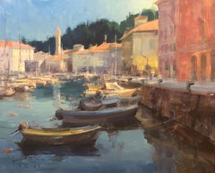 Modern Impressionist European Scene "Morning At The Harbor" Plein Air Oil