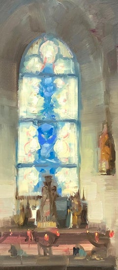 Olio impressionista moderno ad olio Plein air di una chiesa francese "Luce interiore".