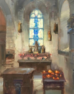 Modern Impressionist French Church Plein air oil Interior "Inner Light"