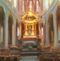 Modern Impressionist French Church Plein air oil Interior "Sacred Light"
