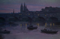 Modern Impressionist French Landscape oil "The Evening Lights"