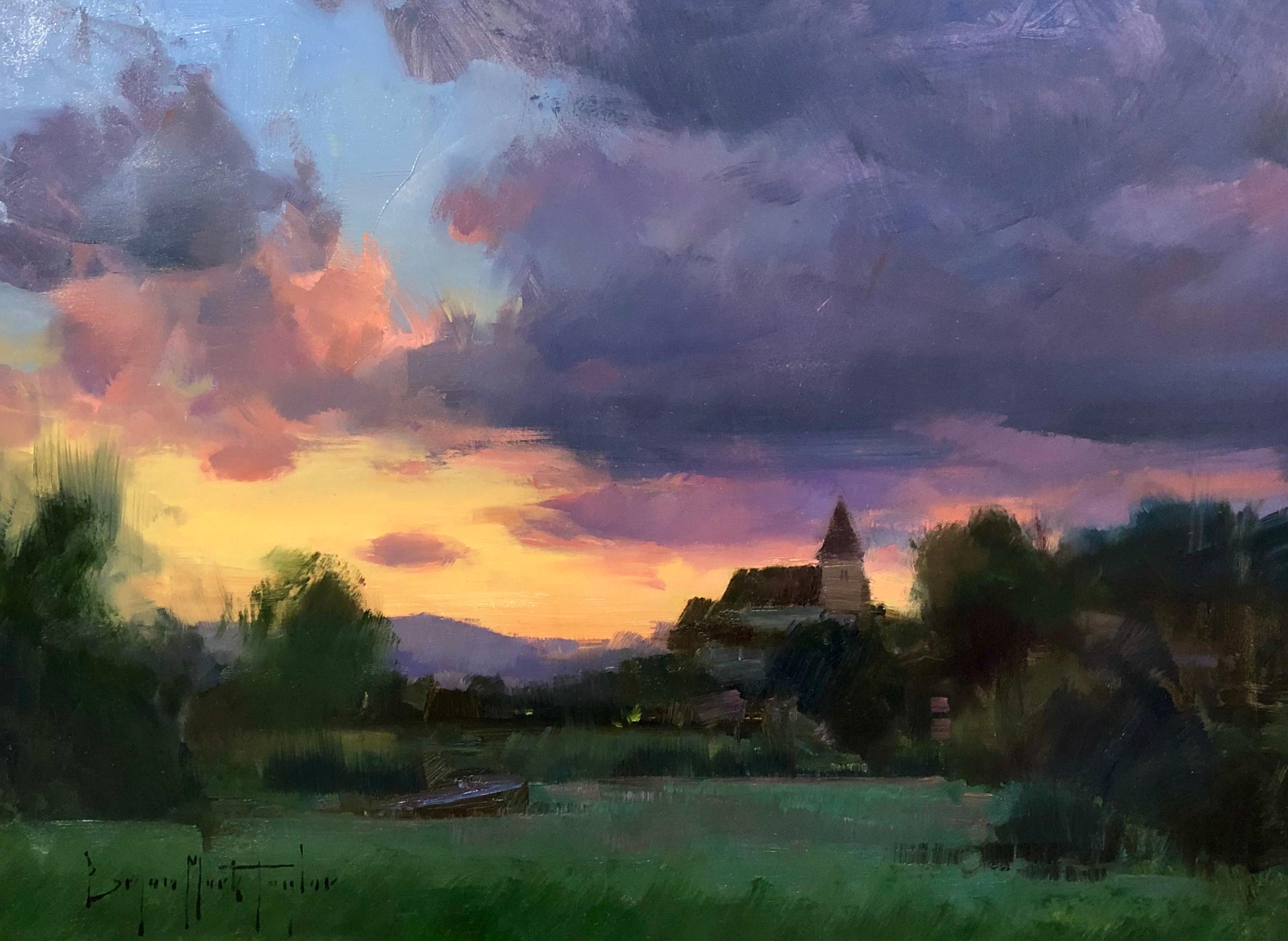 Bryan Mark Taylor Landscape Painting - Modern Impressionist French Plein air Landscape oil "Dordogne Sunset""