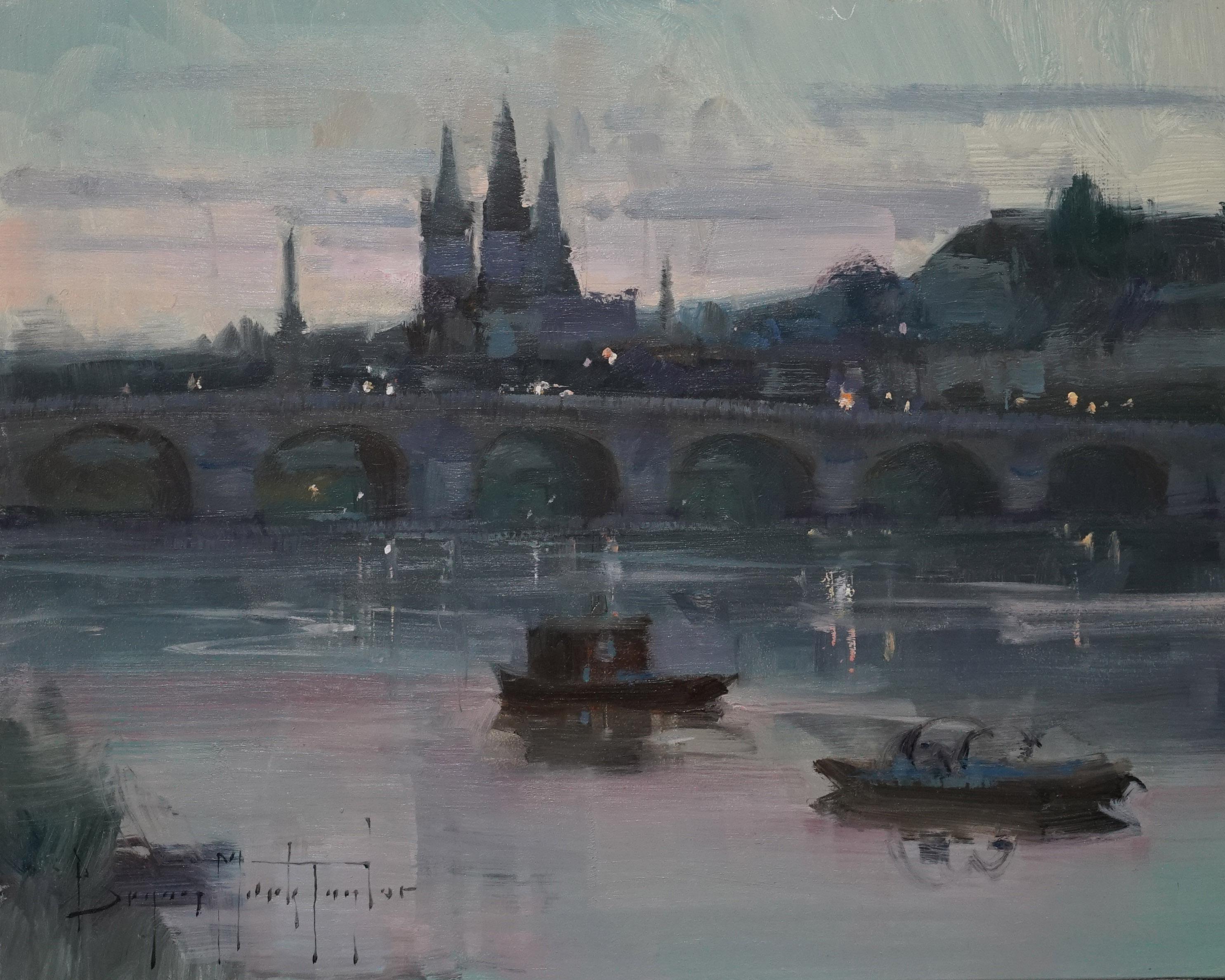 Bryan Mark Taylor Landscape Painting - Modern Impressionist French Plein air Landscape oil "Loire River Twilight"