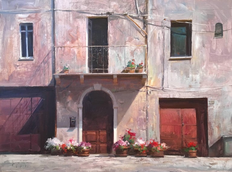 Modern Impressionist Italy Street "Old World Flowers" Oil,  Bryan Mark Taylor - Painting by Bryan Mark Taylor