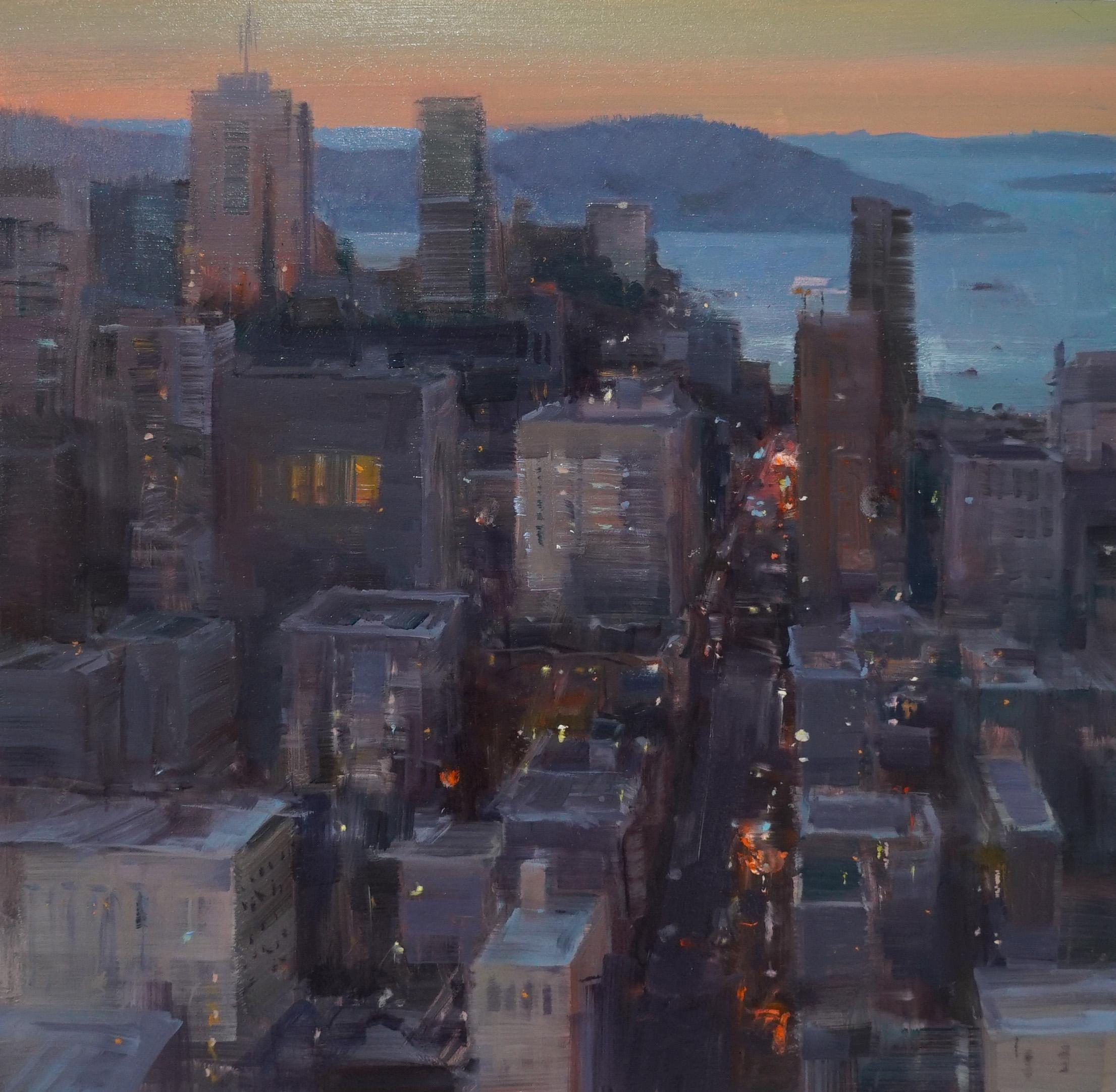 Landscape Painting de Bryan Mark Taylor - Paisaje urbano impresionista moderno de San Francisco "Vista desde la cima" Óleo Plein Air