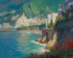 Vintage Modern Impressionist Seascape "Amalfi" Plein Air Oil of Italy