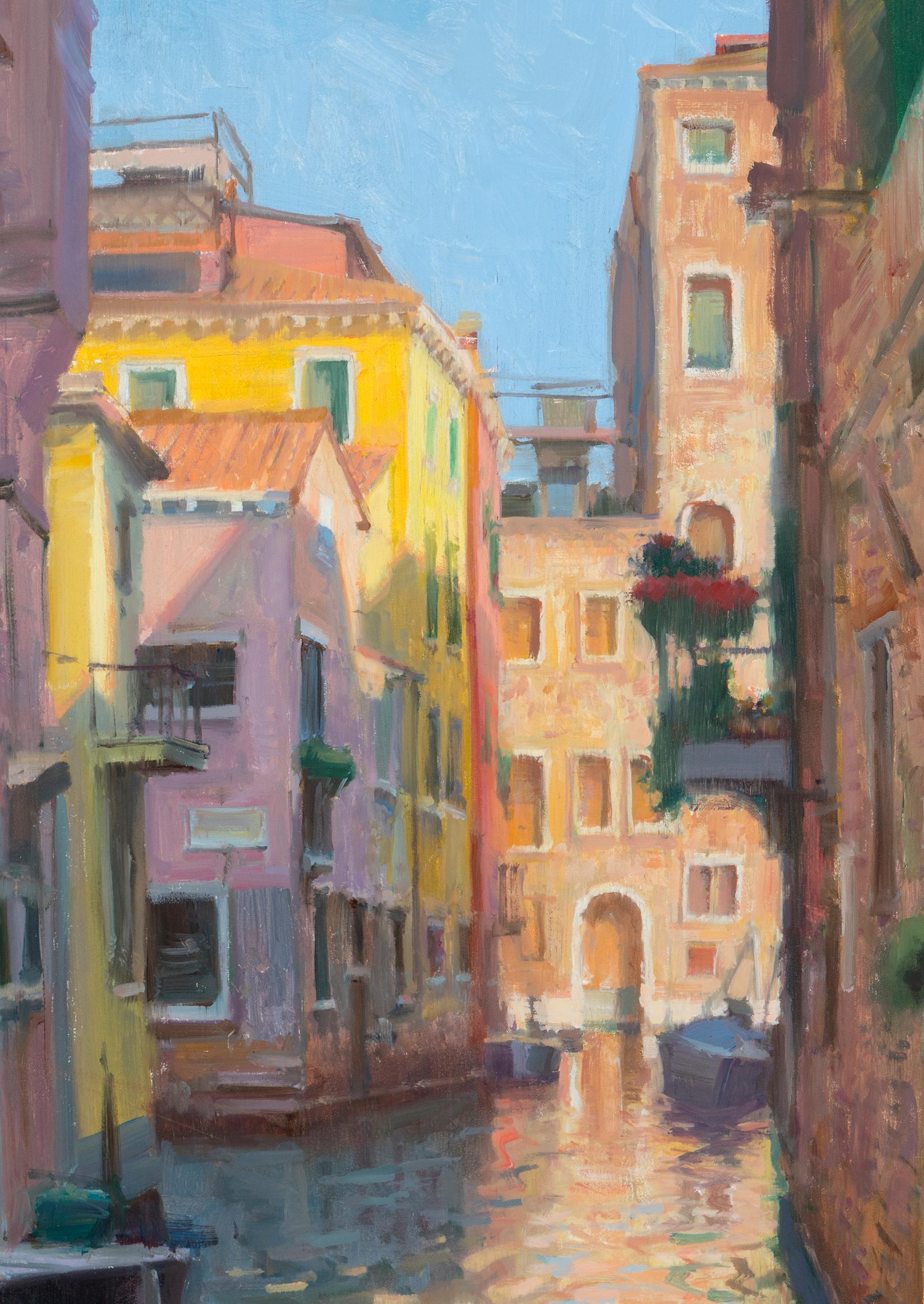 Paysage marin impressionniste moderne en plein air « Dancing Light Plein Air », huile de Venise - Impressionnisme abstrait Painting par Bryan Mark Taylor