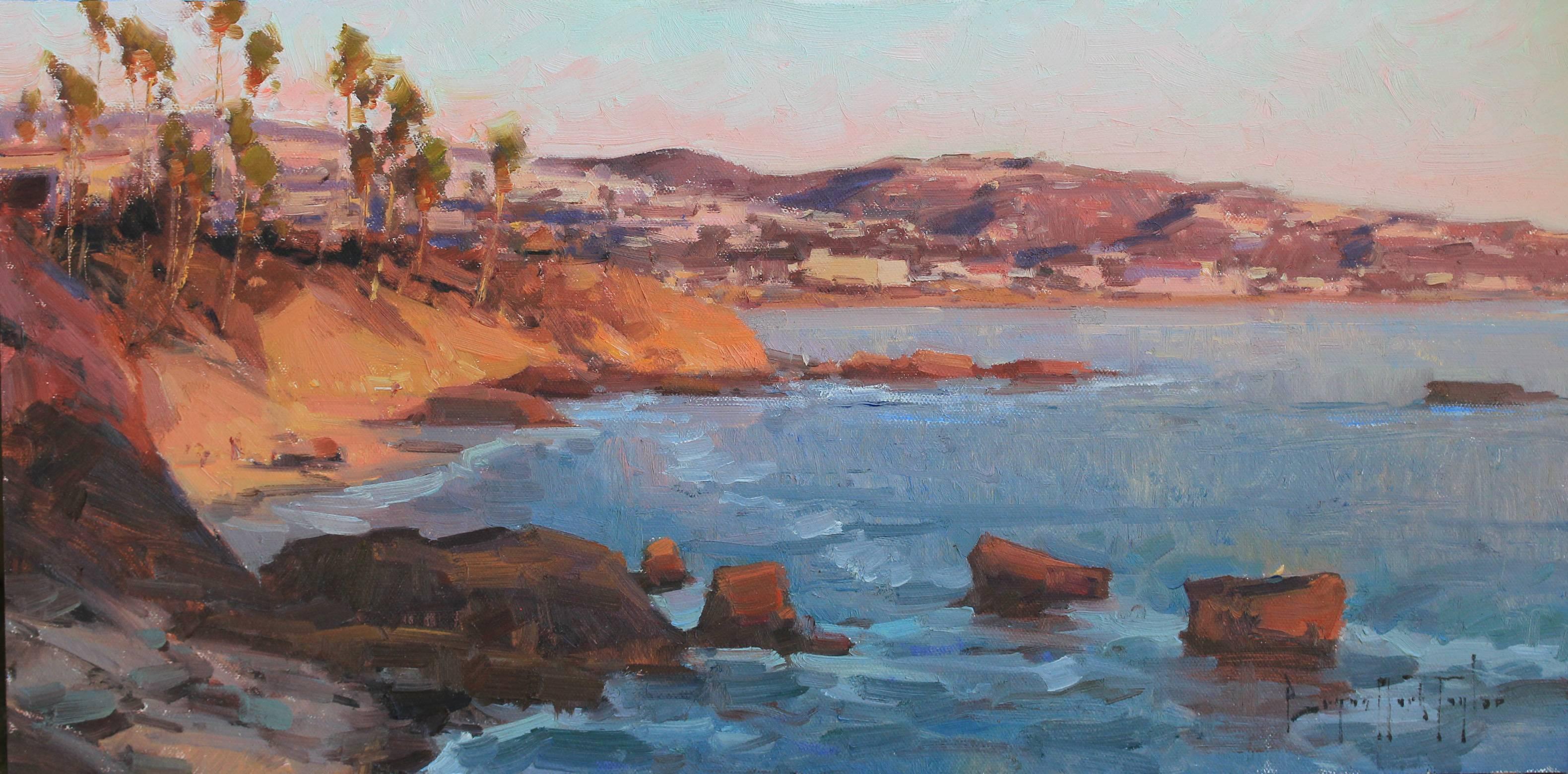 "Sunset From Flag Point" is a colorful example of Bryan Mark Taylor's modern approach to Impressionism.  This beautiful oil on panel captures the mood and feel of the California Rivieria with the brilliant glow of sunset, blue sky, and the rich