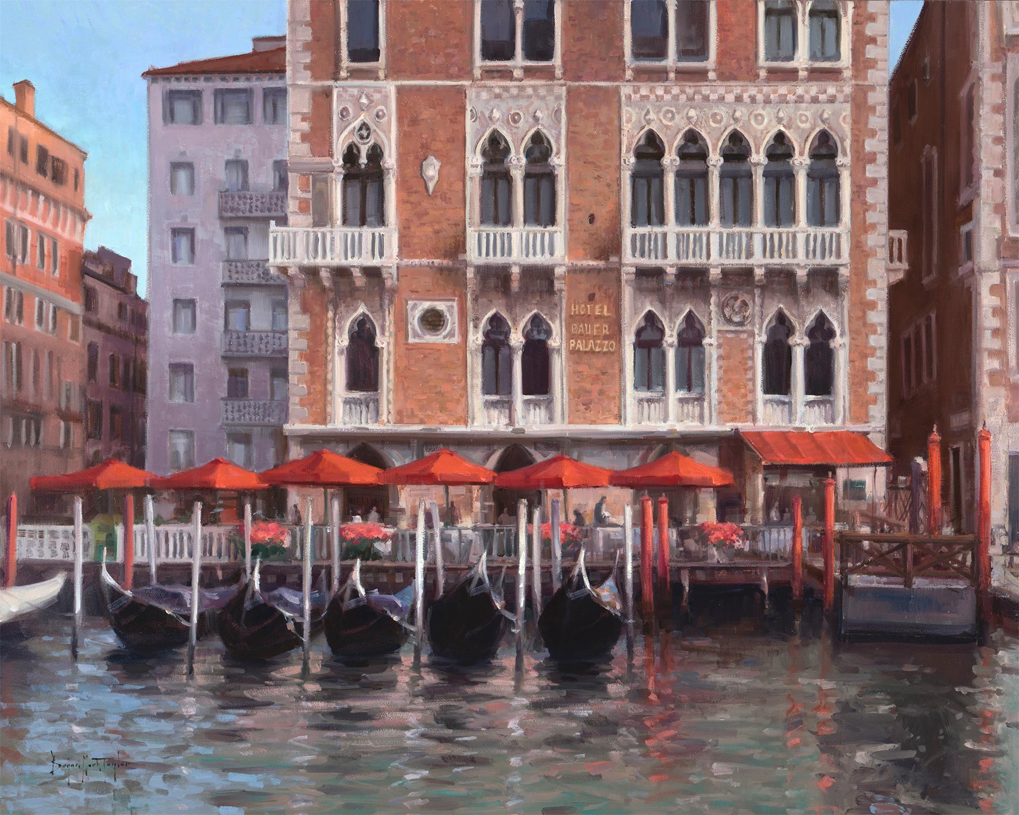 Bryan Mark Taylor Landscape Painting - Modern Impressionist Seascape "Venetian Palazzo" Plein Air Oil of Venice