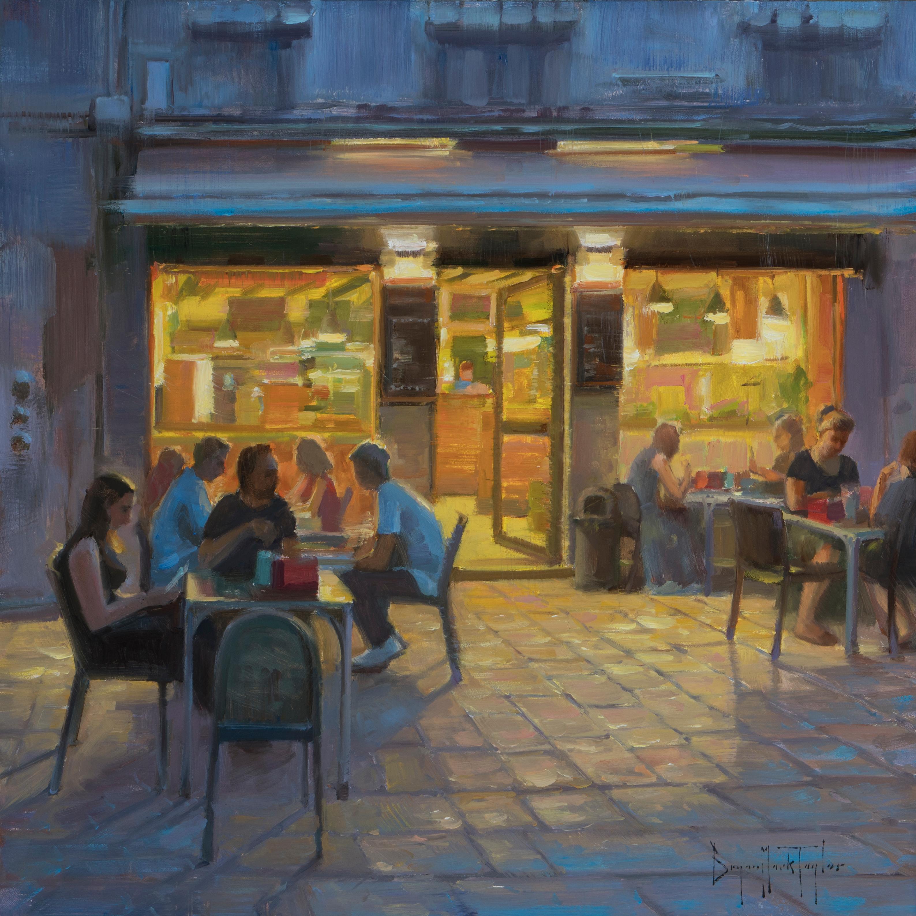 Bryan Mark Taylor Landscape Painting - "Night Café" Oil Painting
