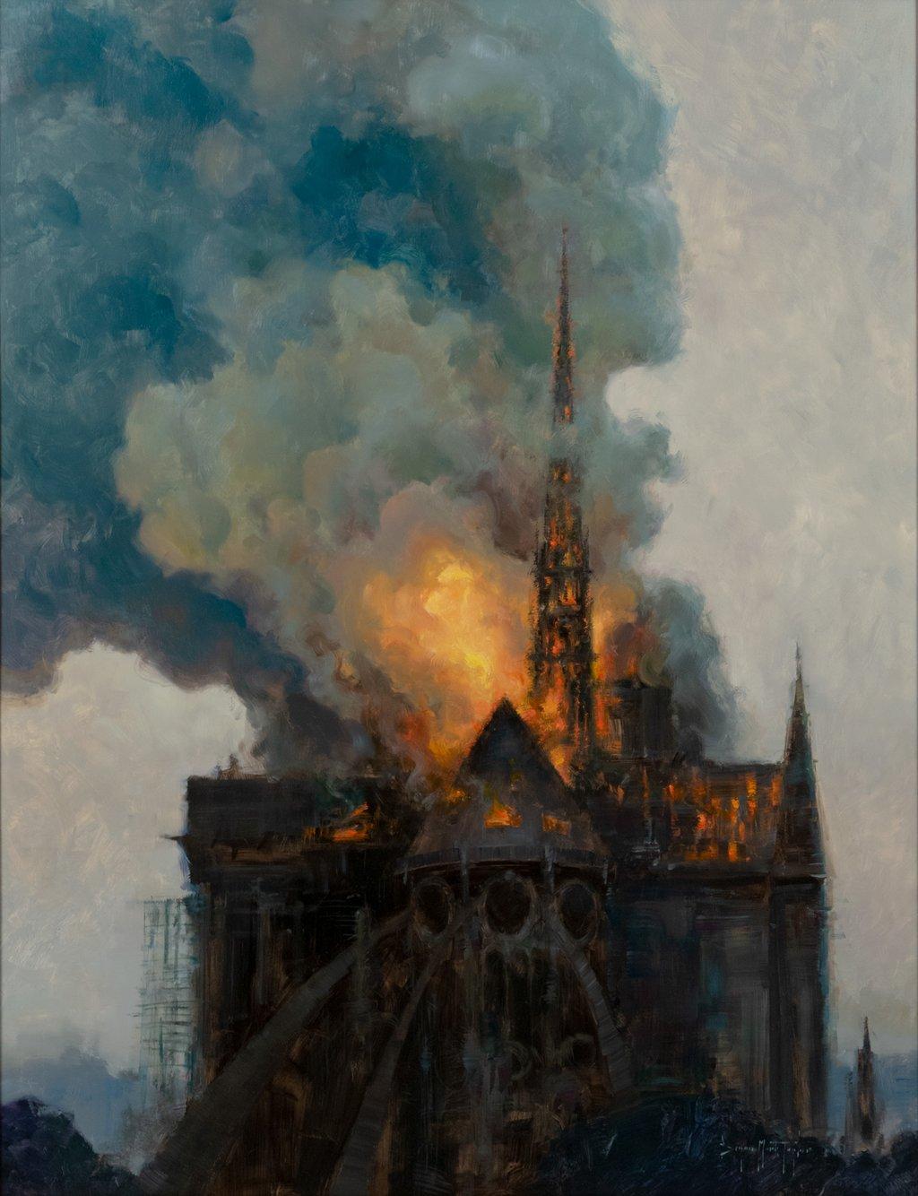 Bryan Mark Taylor Landscape Painting - Notre Dame in Flames