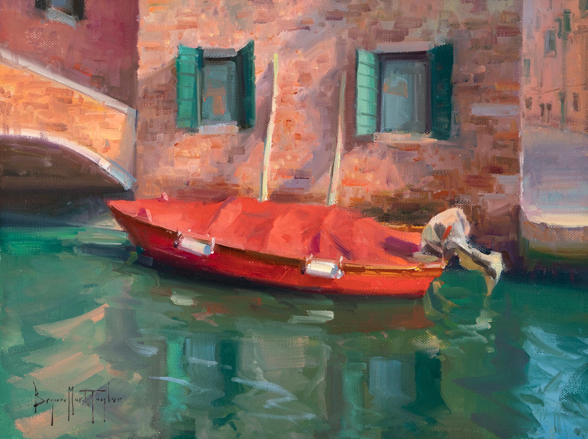 Bryan Mark Taylor Landscape Painting - "Painted Red" Boat On The Canal In Venice