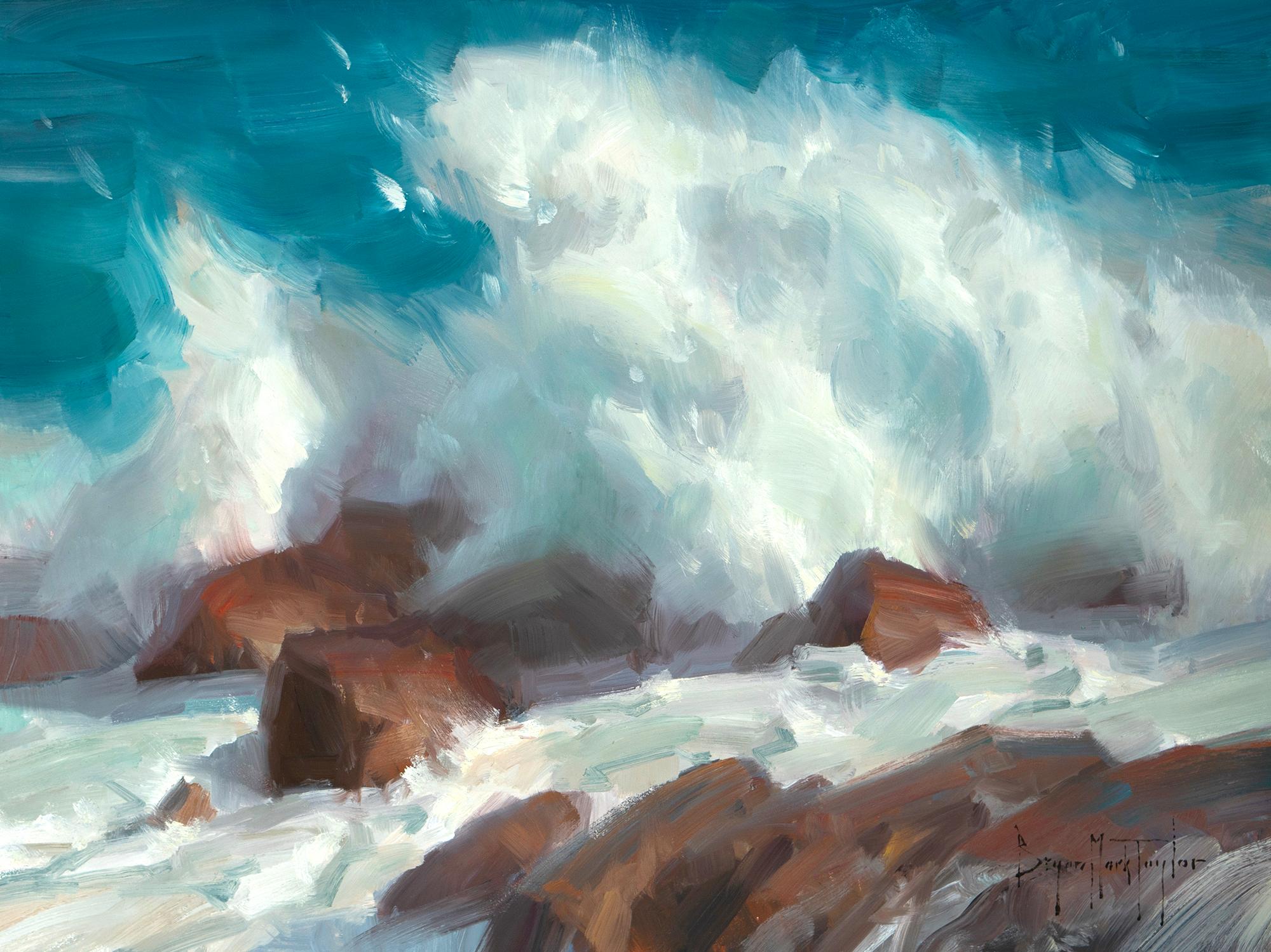 Bryan Mark Taylor Landscape Painting - "Rocky Coastline " Modern Impressionist California Seascape  