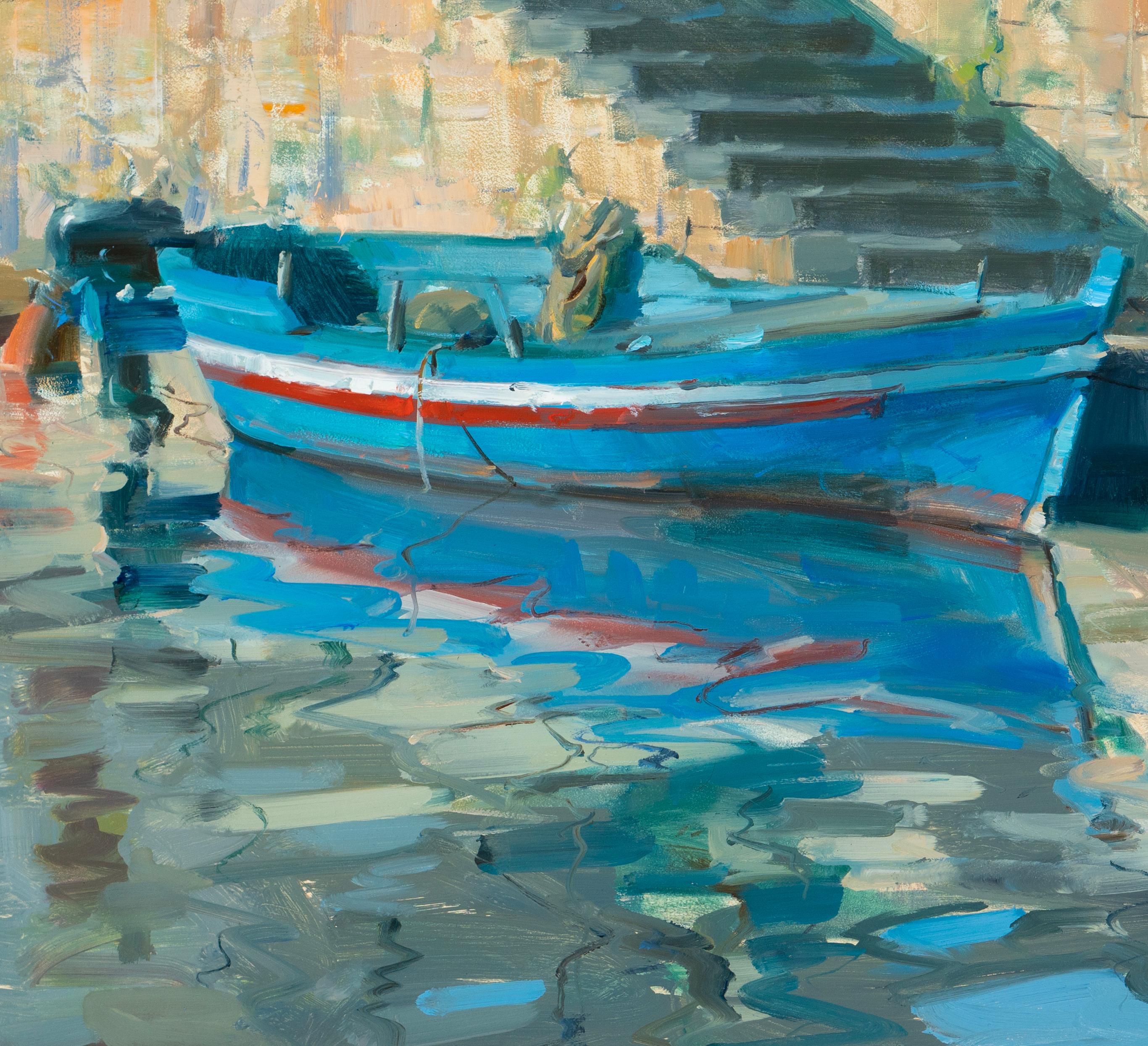 bateau de pêche sicilien en plein air, huile d'Italie - Painting de Bryan Mark Taylor