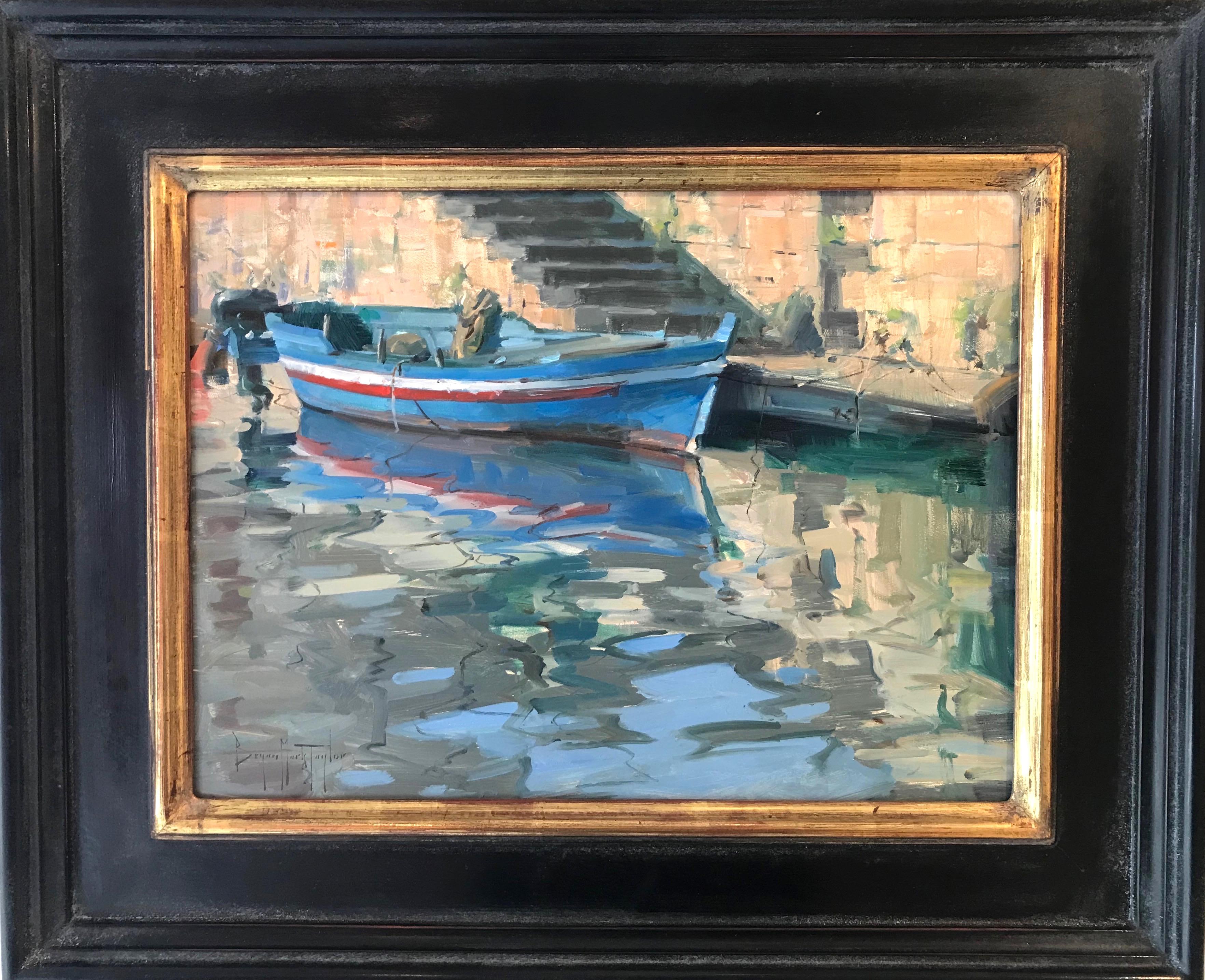 bateau de pêche sicilien en plein air, huile d'Italie - Impressionnisme abstrait Painting par Bryan Mark Taylor