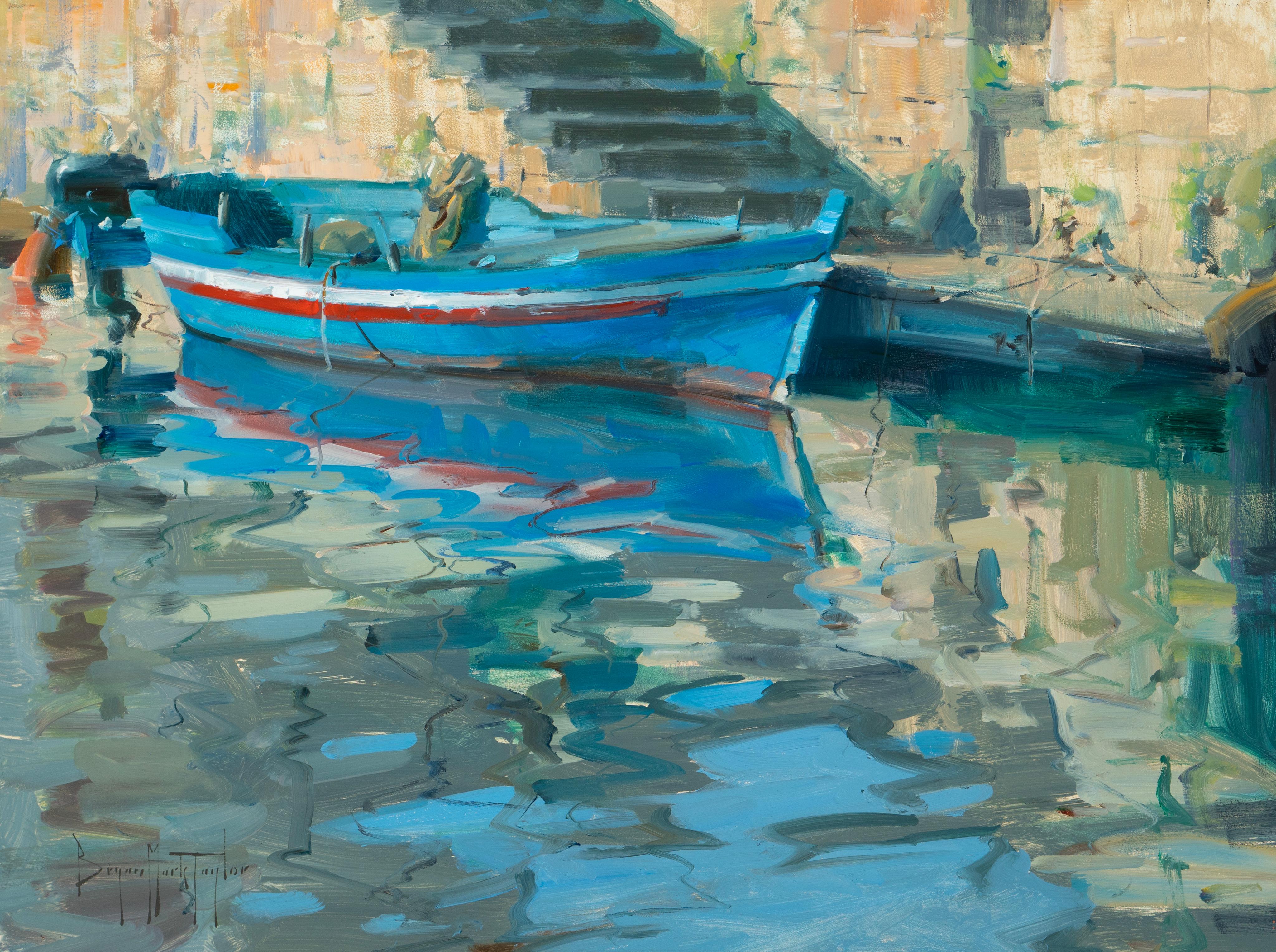 Landscape Painting Bryan Mark Taylor - bateau de pêche sicilien en plein air, huile d'Italie