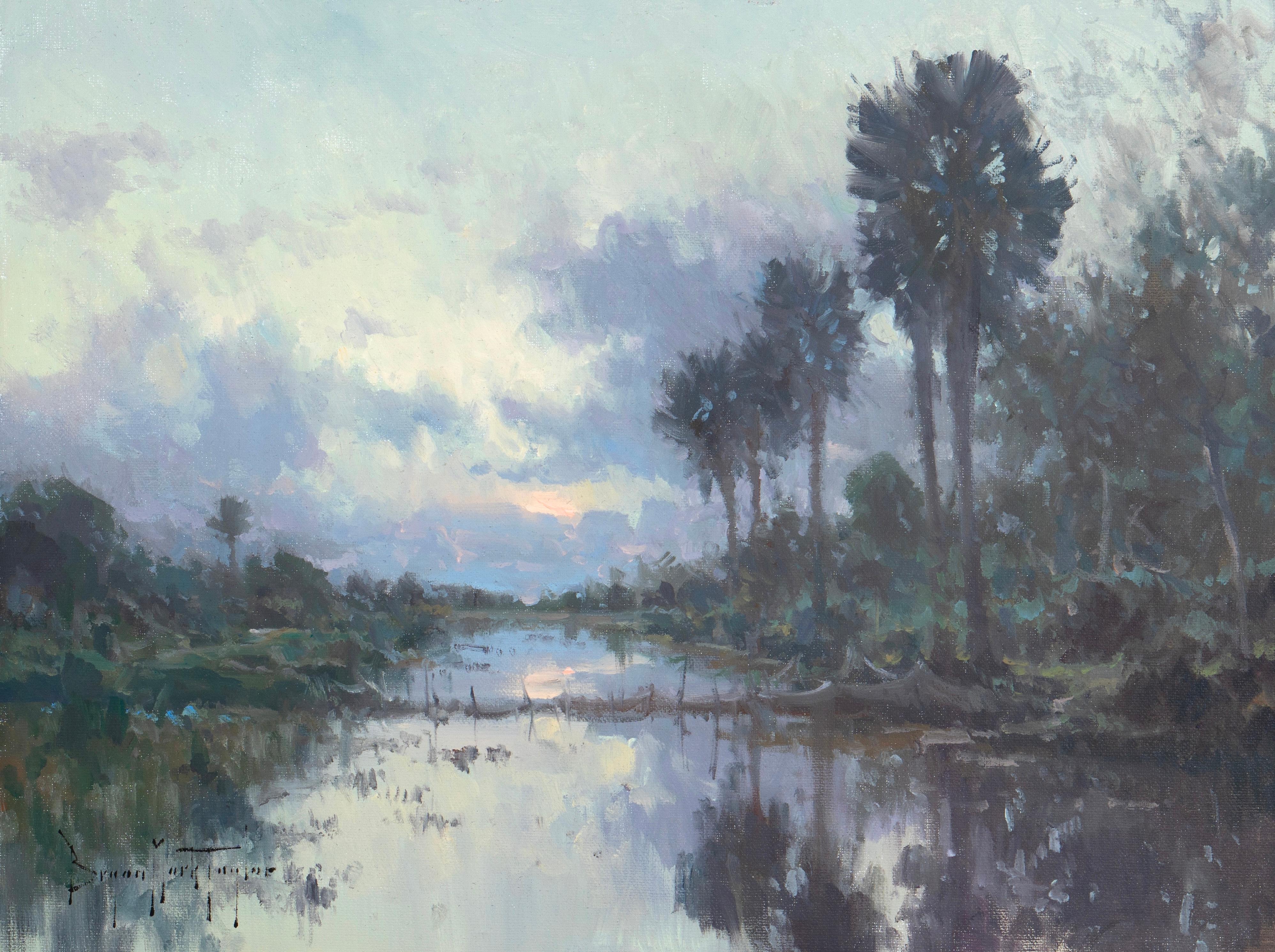 Landscape Painting di Bryan Mark Taylor - "Tramonto tropicale", scena impressionista moderna in Cambogia