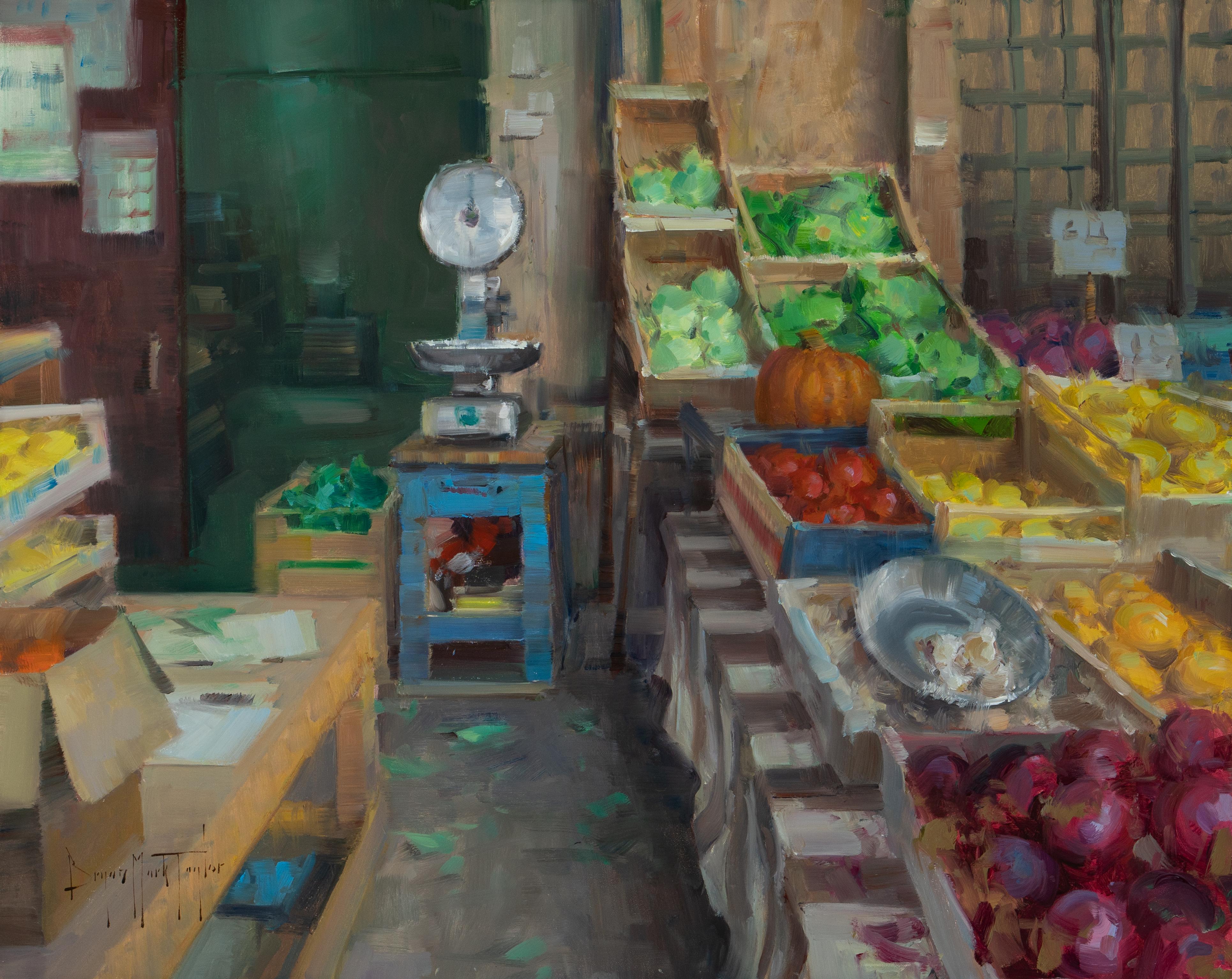 Bryan Mark Taylor Figurative Painting - "Vintage Produce Market" Oil Painting