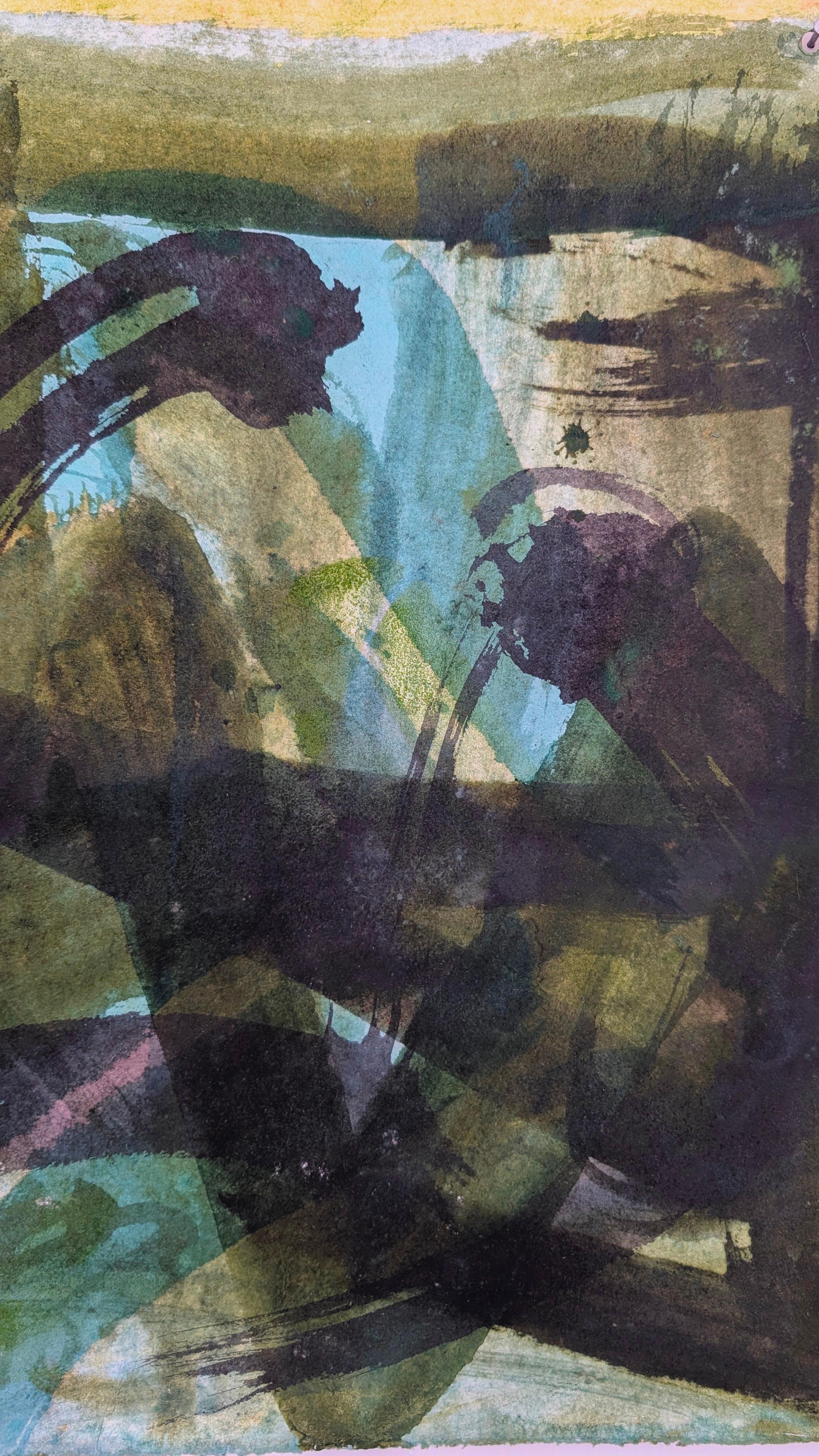 Shan Mountain, Homage to Han Shan Cold Mountain, Aruna Ghar Studio, New Dehli - Black Abstract Painting by Bryan Mulvihill 