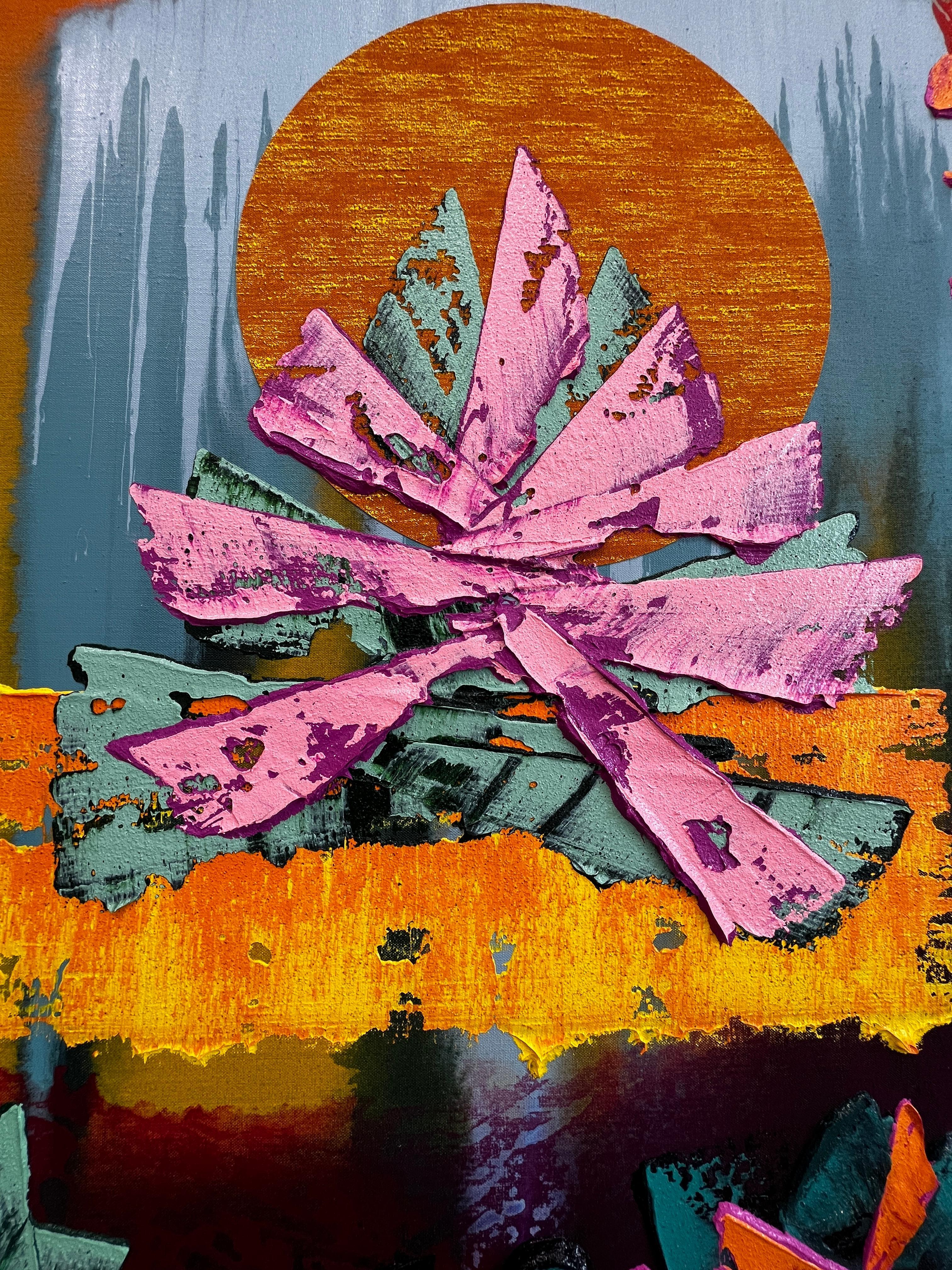 This 48 inch by 42 inch textural and vibrant mixed media painting on linen is ready to hang. It is hand signed by the artist on the back of the artwork. This piece is brought to life by an amazing tactile quality. The built up texture and colors