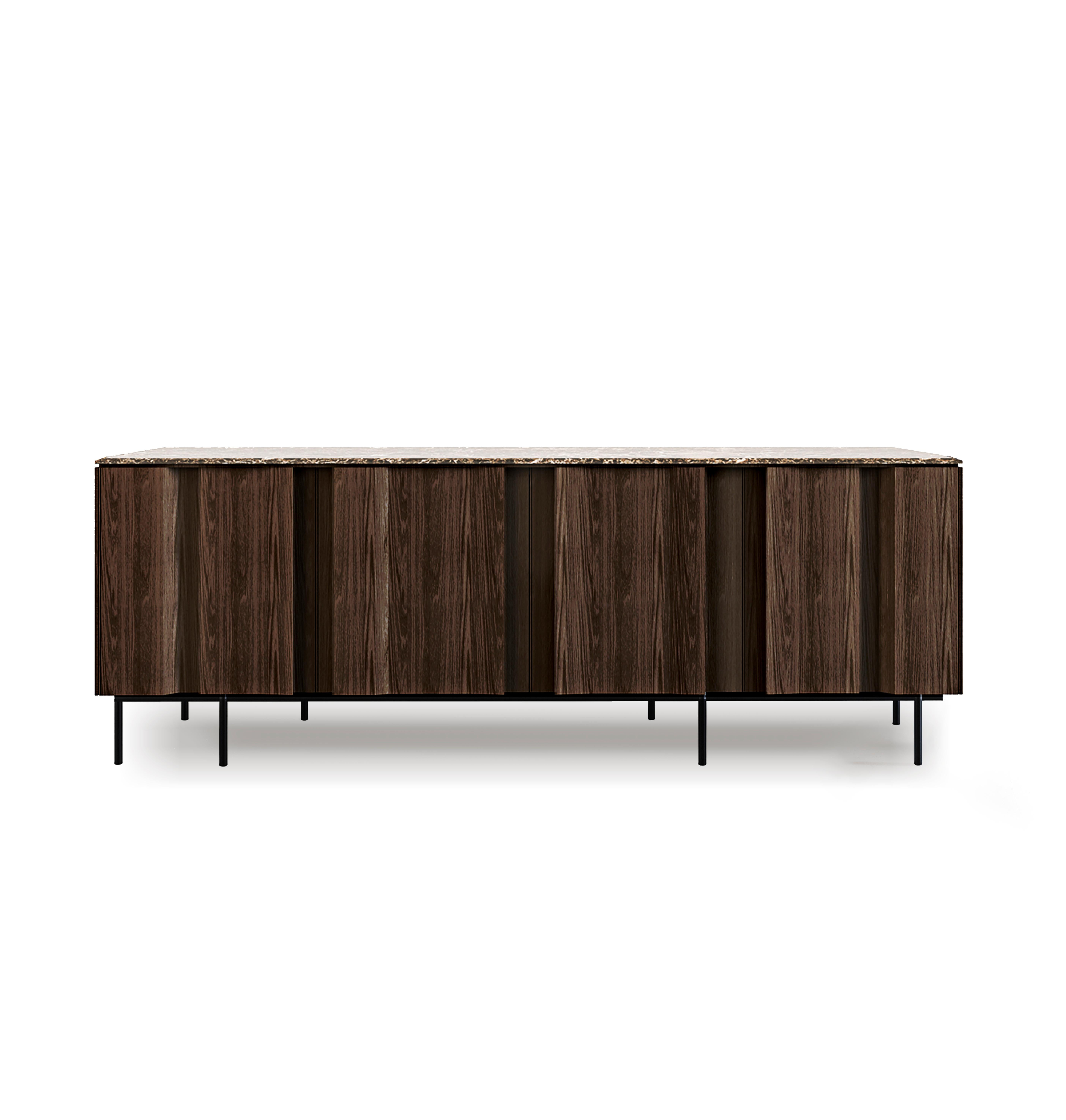 Contemporary Modern Bryant Studio Sideboard in Dark Oak & Marble by Collector

A series of vertical lines runs from top to bottom shaping the fluctuating alignment of the doors and creating a game of light and shade trough the wooden panels. The