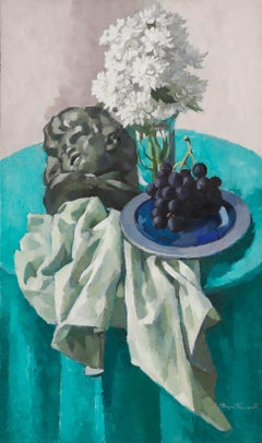 Bryn Richards (1922-2023) - 2012 Oil, Statue Head and Flowers