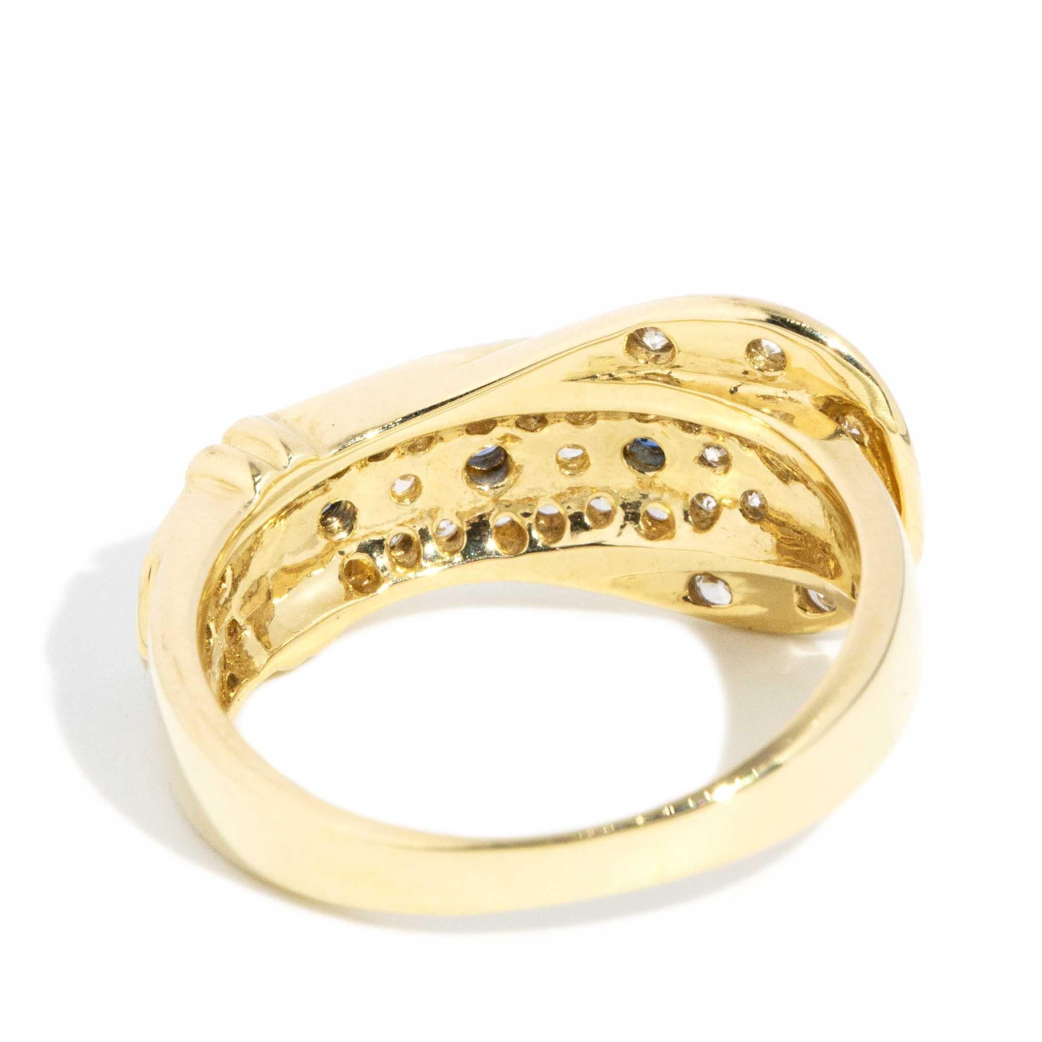 Vintage Circa 1980s Round Sapphire & Diamond Belt Ring 18 Carat Yellow Gold 3