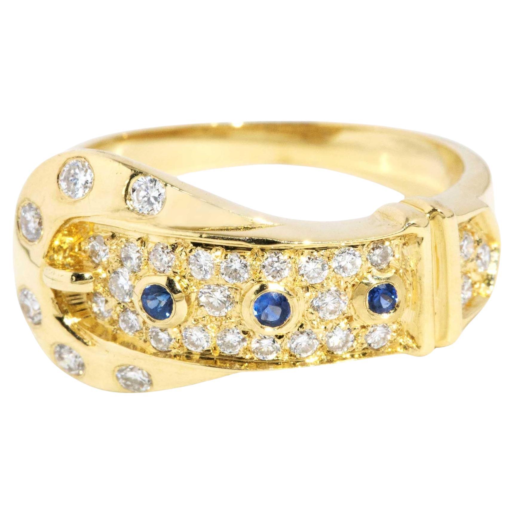 Vintage Circa 1980s Round Sapphire & Diamond Belt Ring 18 Carat Yellow Gold