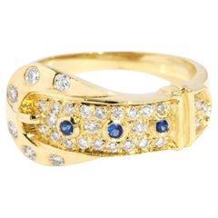 Vintage Circa 1980s Round Sapphire & Diamond Belt Ring 18 Carat Yellow Gold